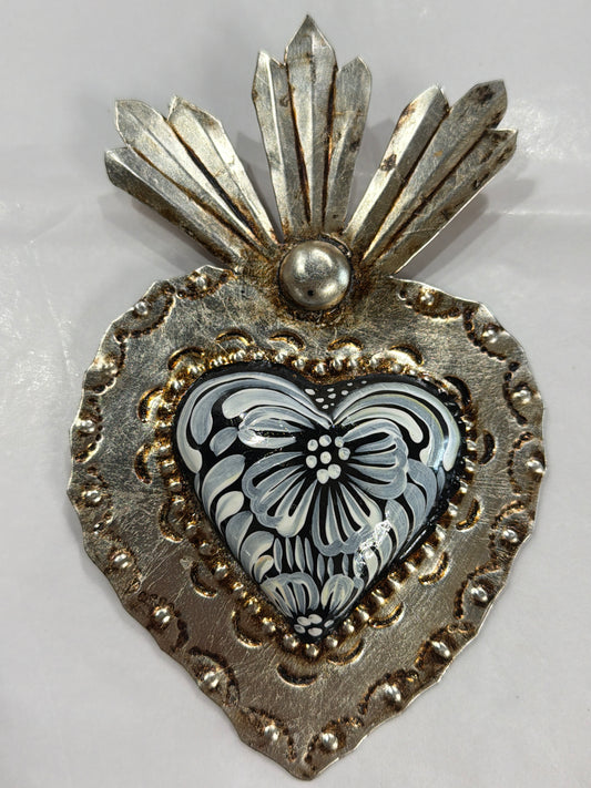 New Black White Sacred Heart Antique Silver