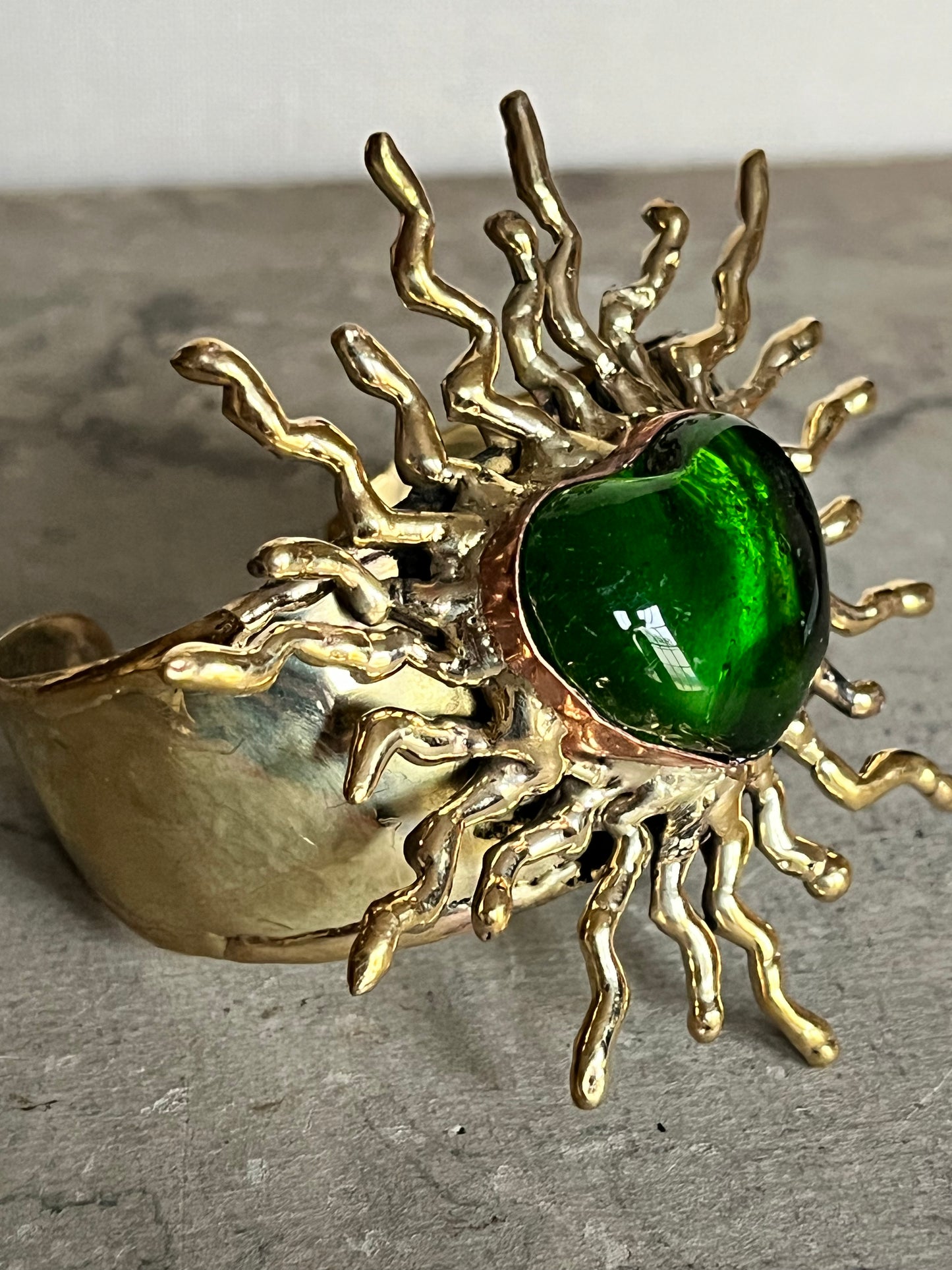 Sun Burst Sacred Heart Handmade Cuff Bracelet – Glass & Alpaca from San Miguel de Allende - Green