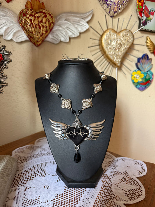 Black Heart Wing Rose Necklace
