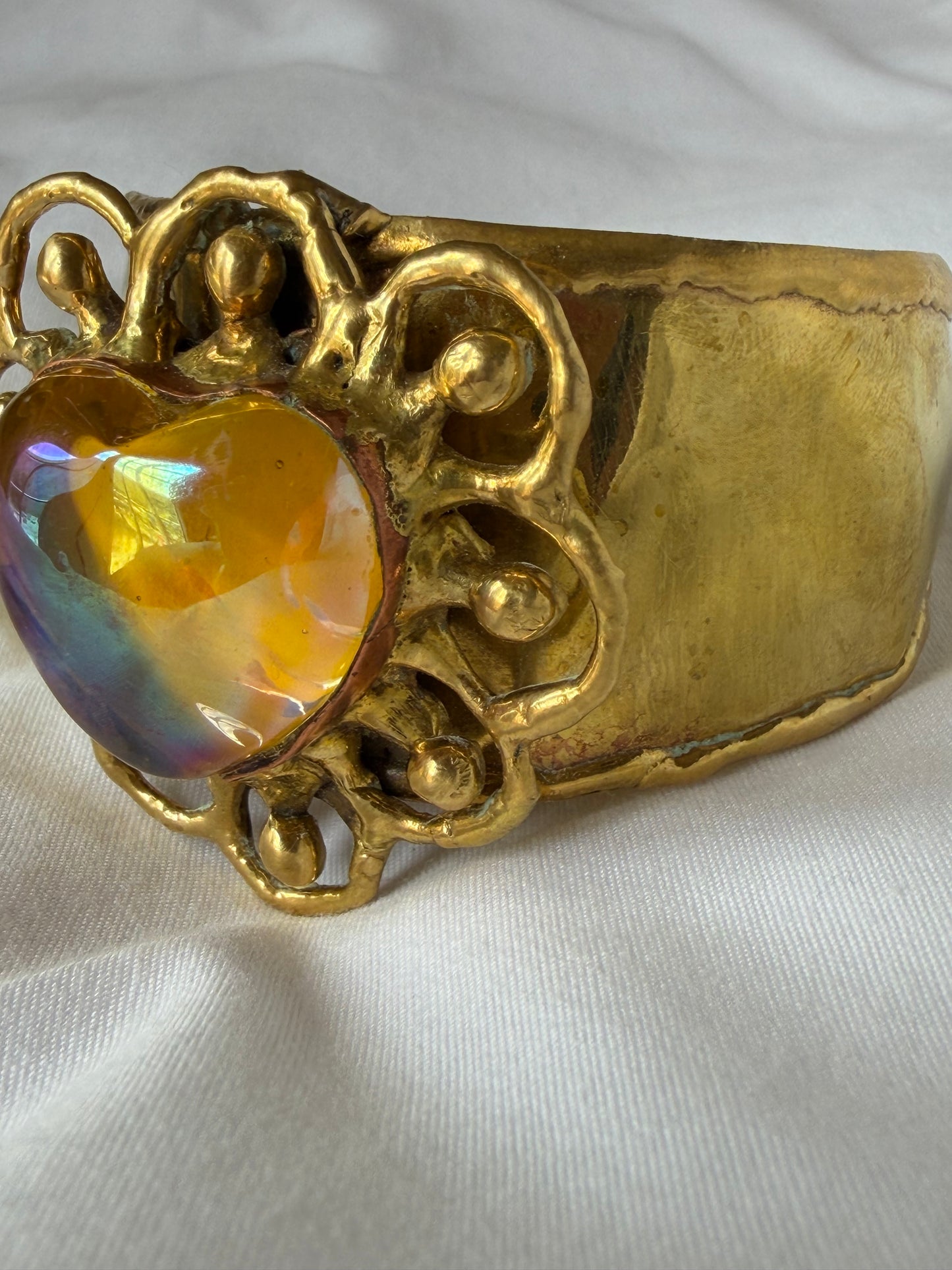Sunburst Sacred Heart Cuff Bracelet Handmade- Yellow & Iridescent
