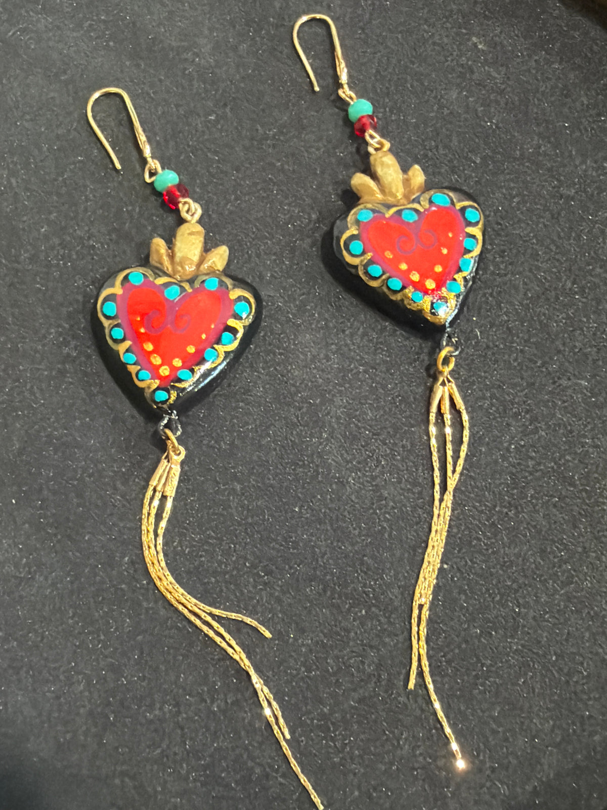 Sacred Heart Hand Painted Tassel Earrings