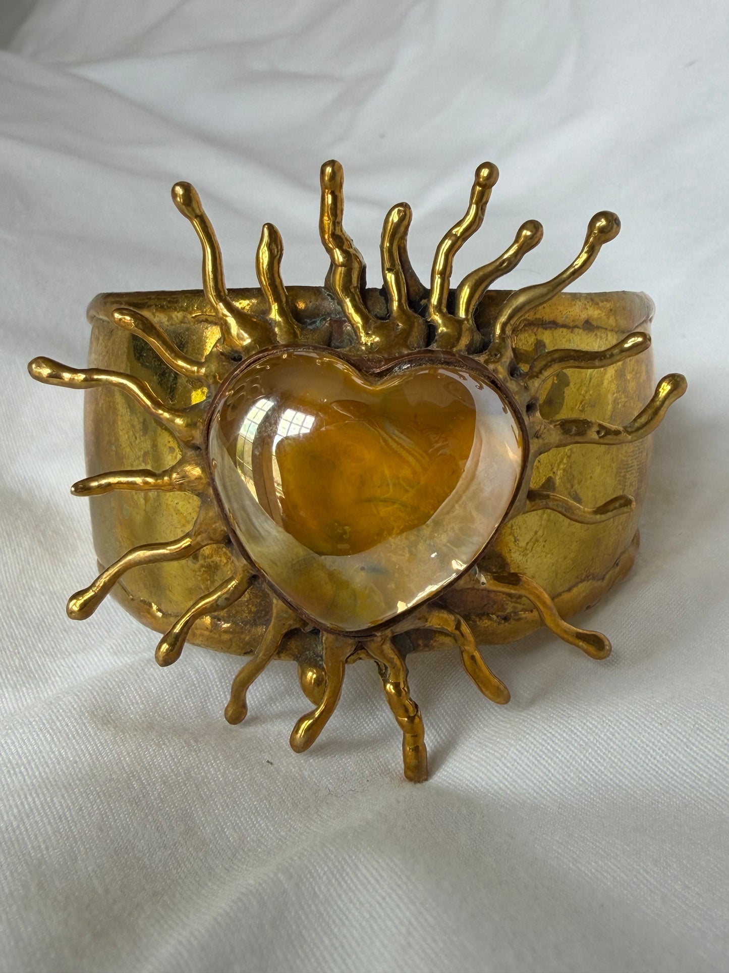 Sunburst Sacred Heart Cuff Bracelet Handmade- Yellow & Iridescent