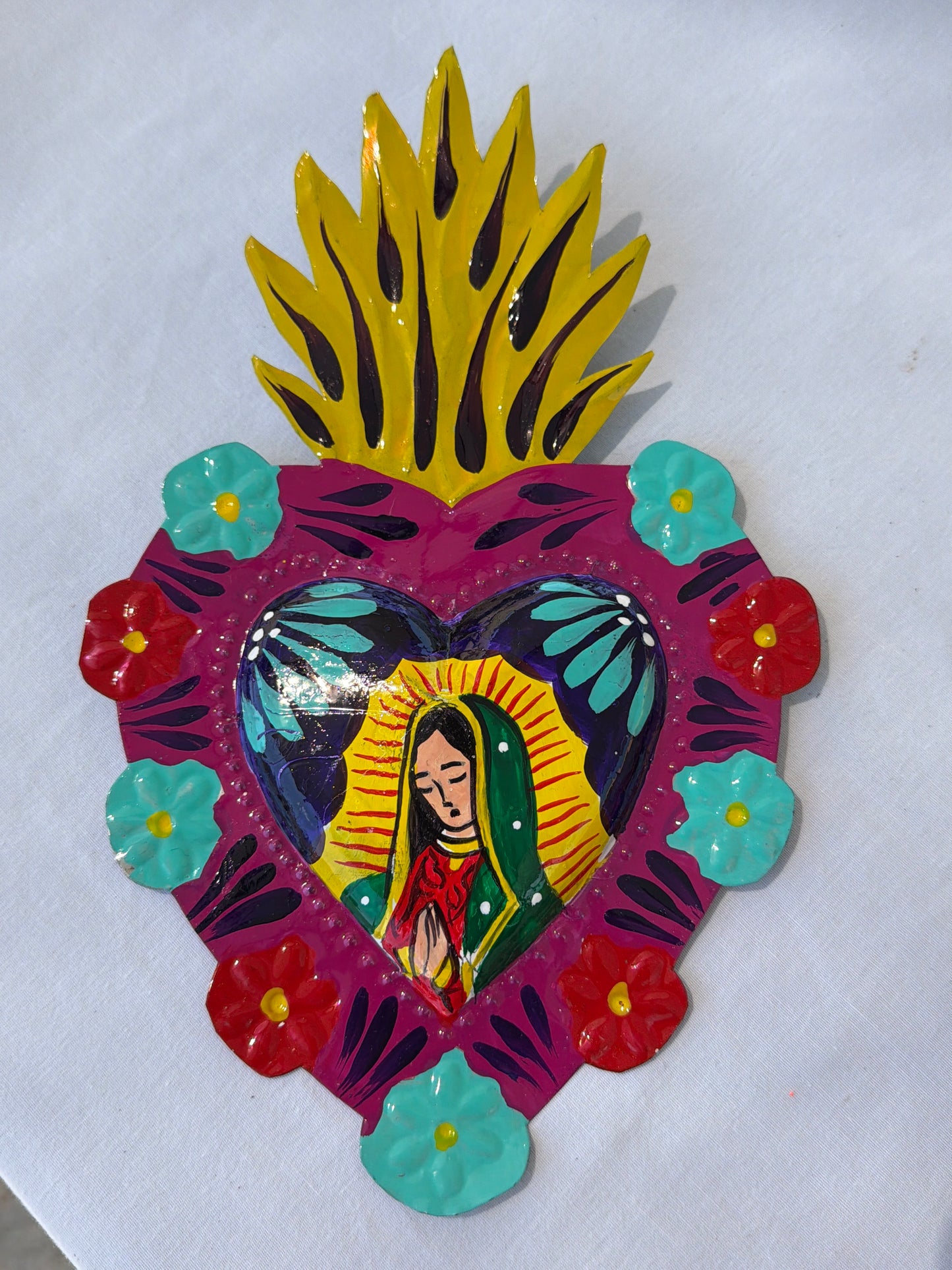 Virgen de Guadalupe Heart - Hand-painted Metal