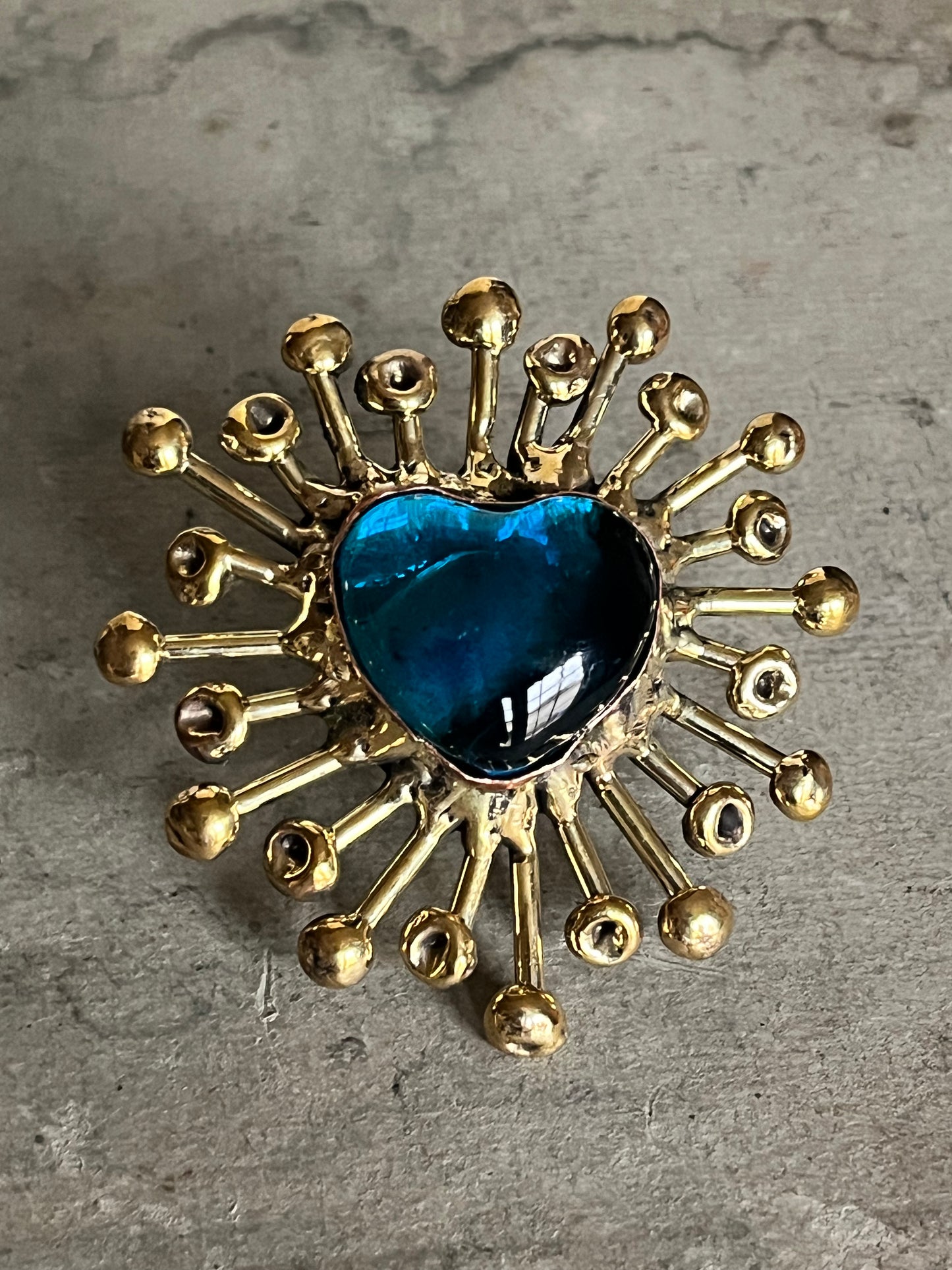 Sun Burst Sacred Glass Heart Ring & Alpaca Metal - Blue