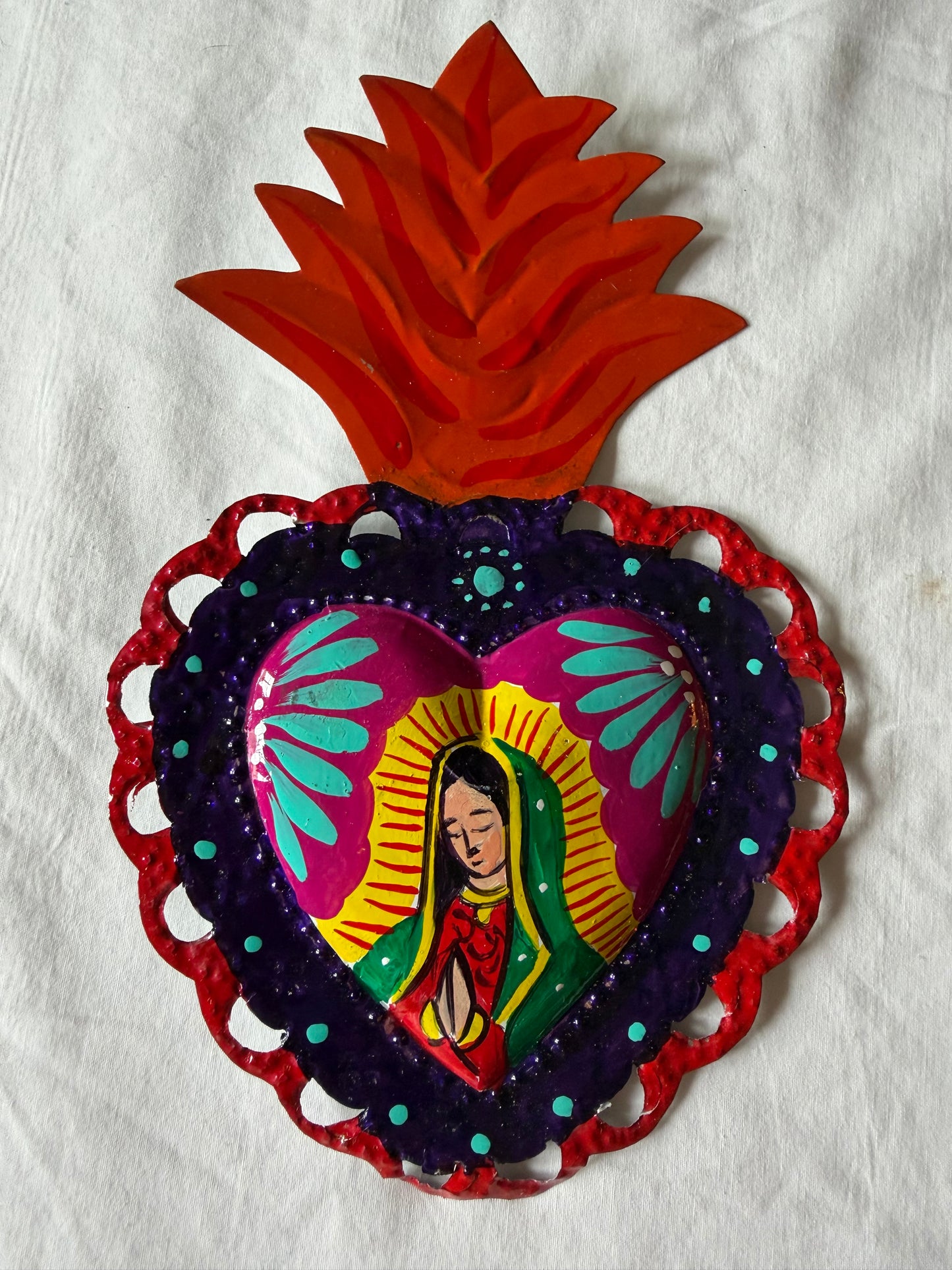 Virgen de Guadalupe Heart - Hand-painted Metal