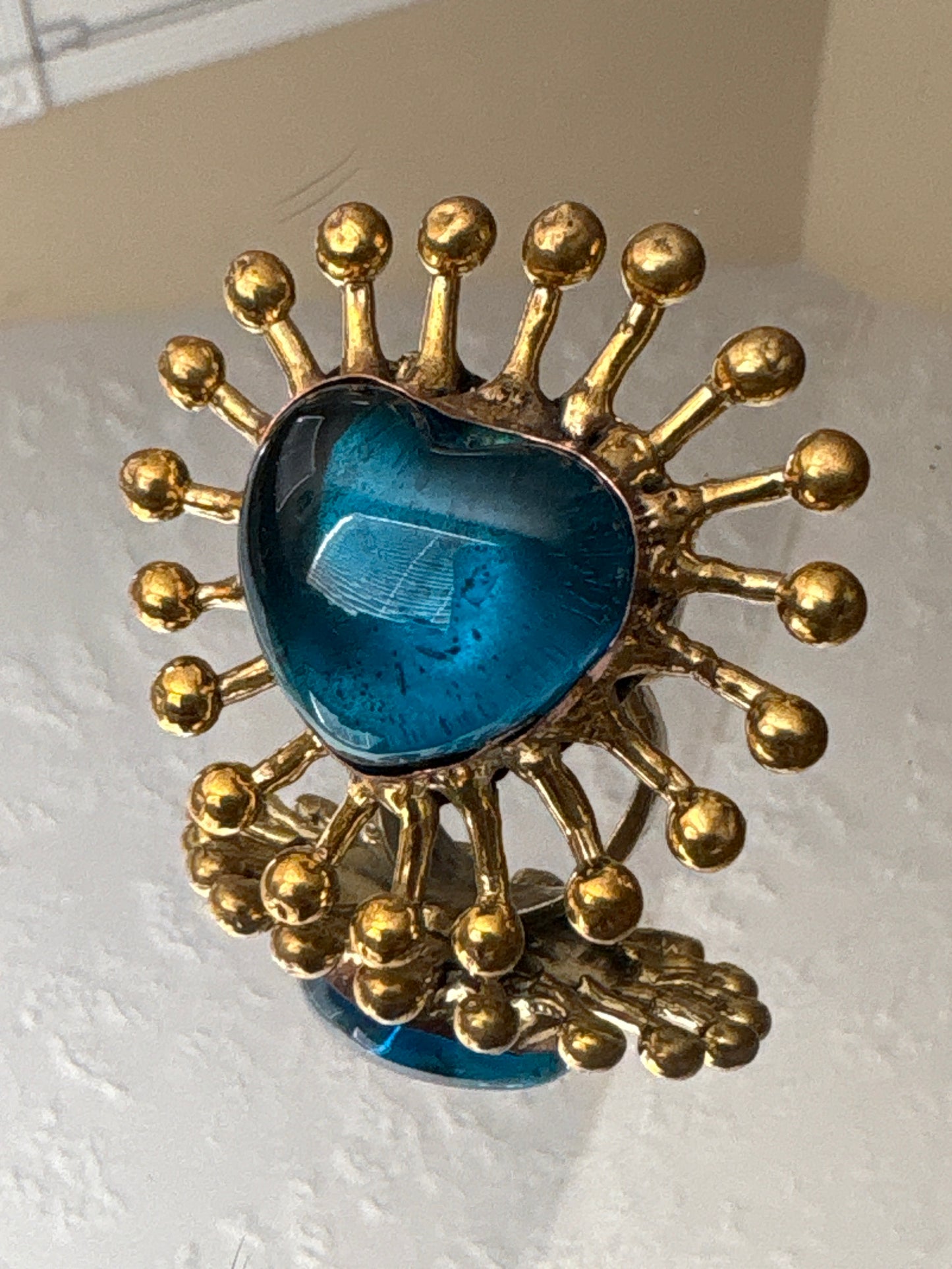 Sun Burst Sacred Glass Heart Ring & Alpaca Metal - Deep Blue