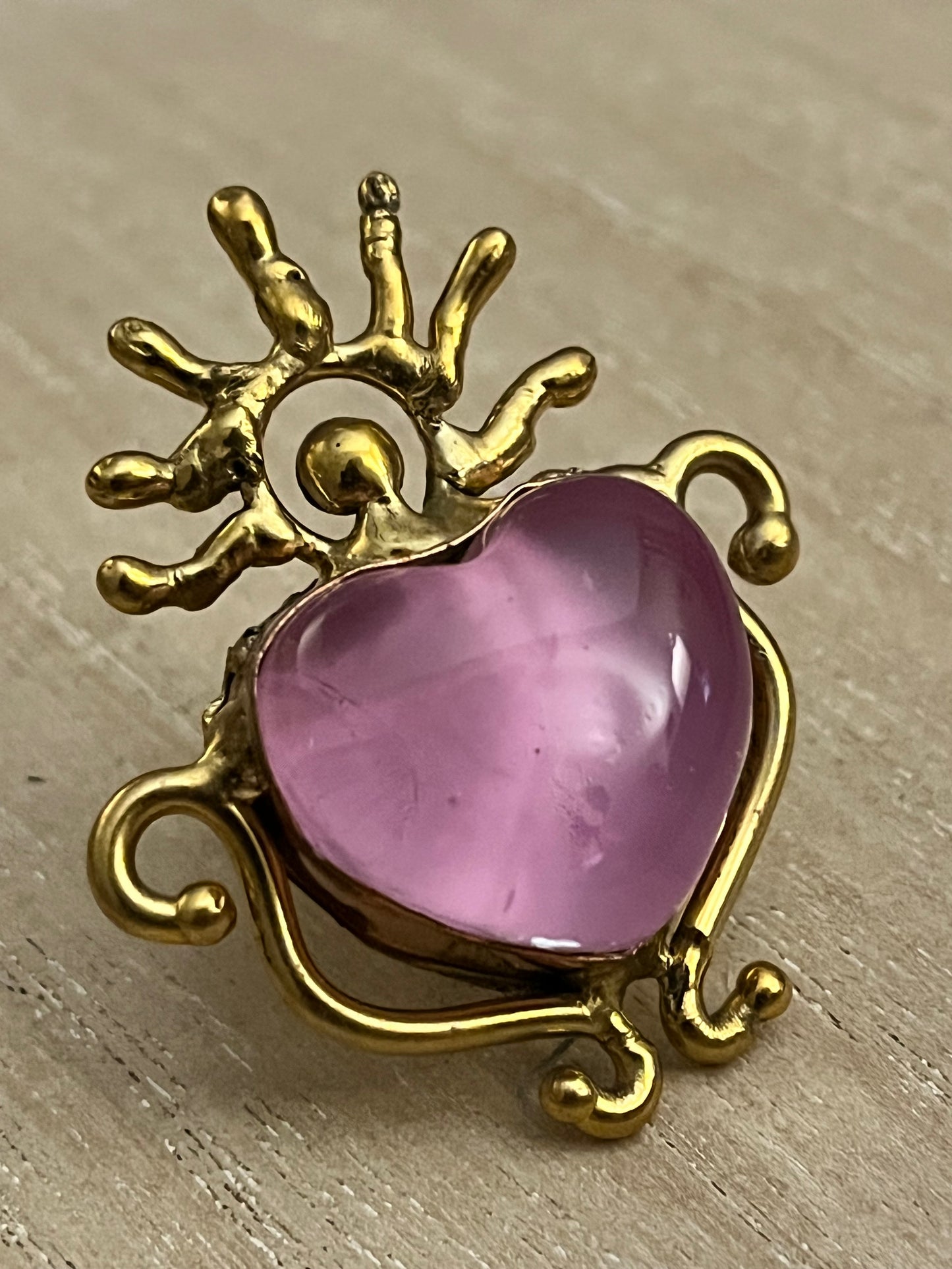 Sun Burst Sacred Glass Heart Ring & Alpaca Metal - Pink