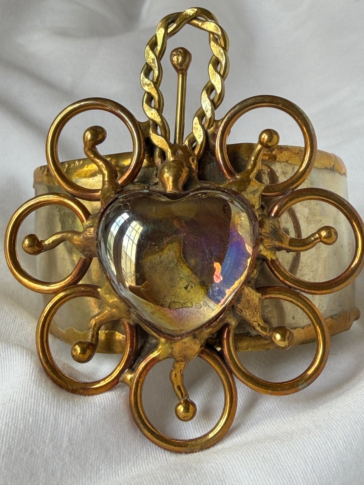 Sunburst Sacred Heart Cuff Bracelet Handmade- Yellow & Iridescent