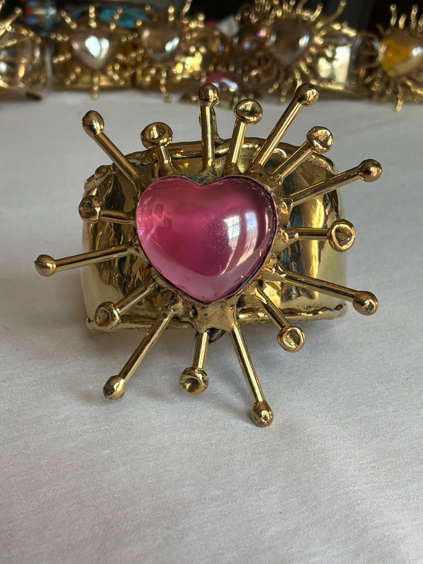 Sun Burst Sacred Heart Handmade Cuff Bracelet – Glass & Alpaca from San Miguel de Allende - Pink