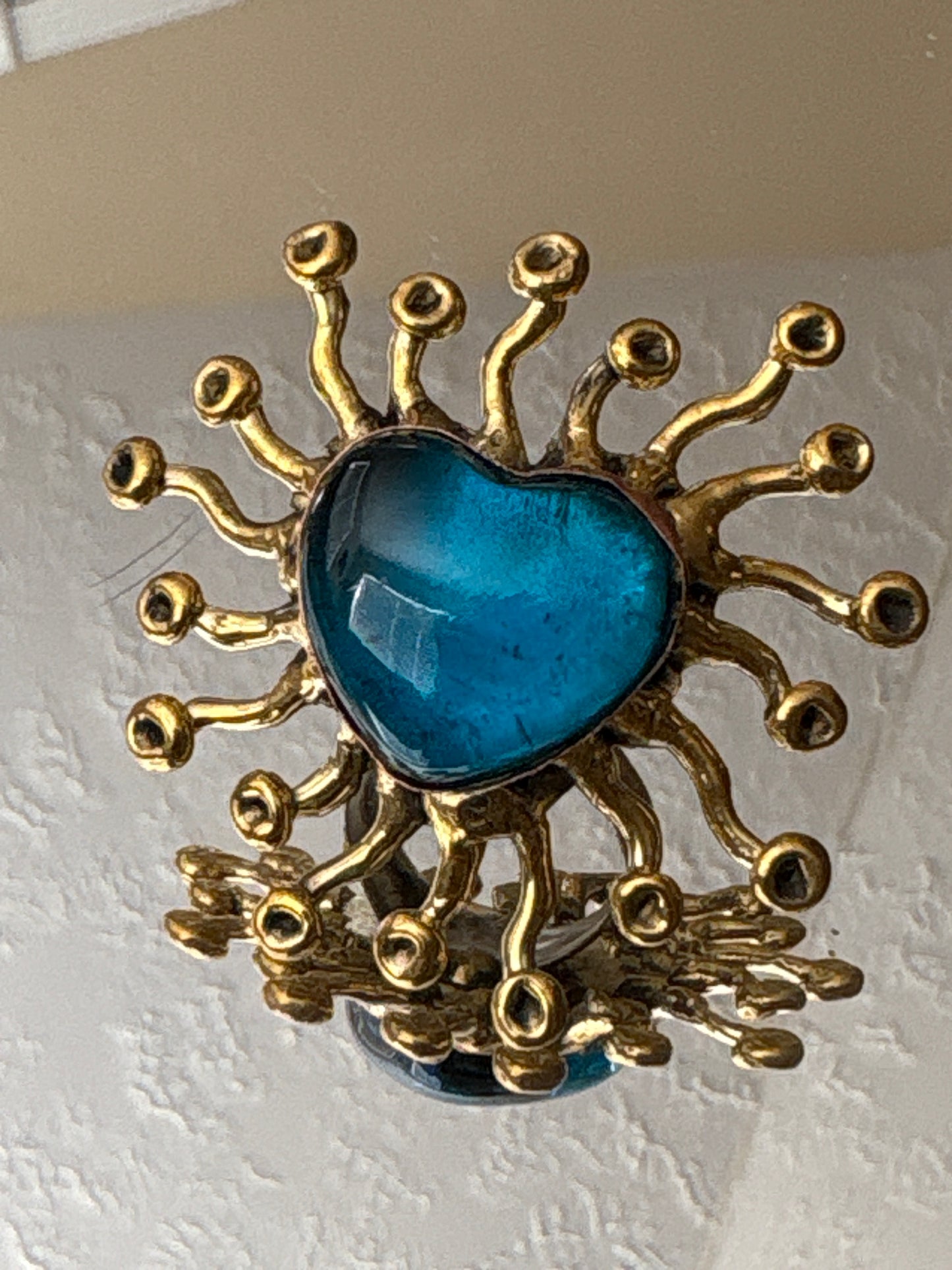 Sun Burst Sacred Glass Heart Ring & Alpaca Metal - Deep Blue