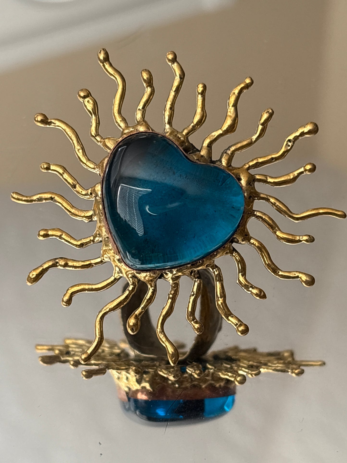 Sun Burst Sacred Glass Heart Ring & Alpaca Metal - Deep Blue