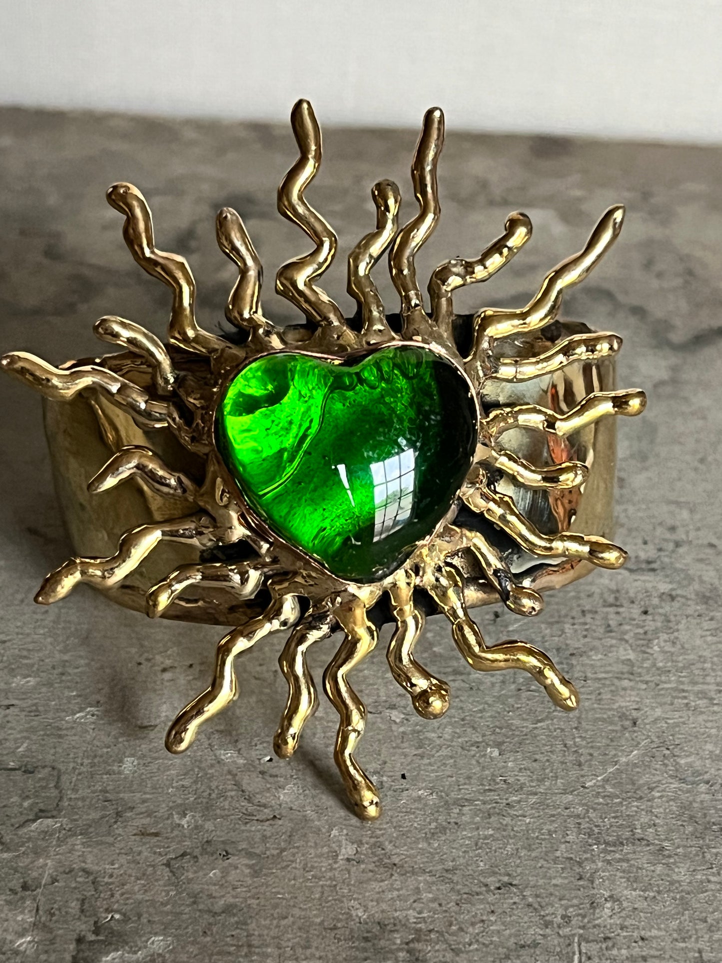 Sun Burst Sacred Heart Handmade Cuff Bracelet – Glass & Alpaca from San Miguel de Allende - Green