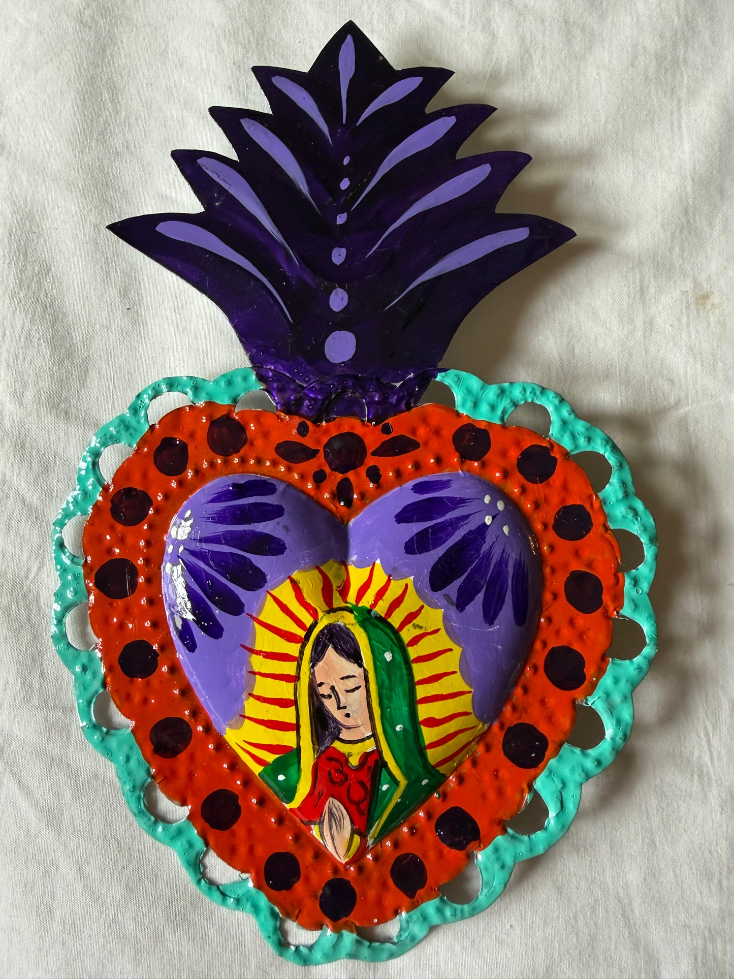 Virgen de Guadalupe Heart - Hand-painted Metal
