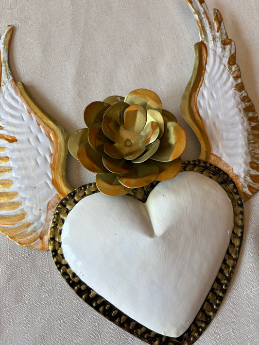Sacred Heart with Wings in White and Gold Finish