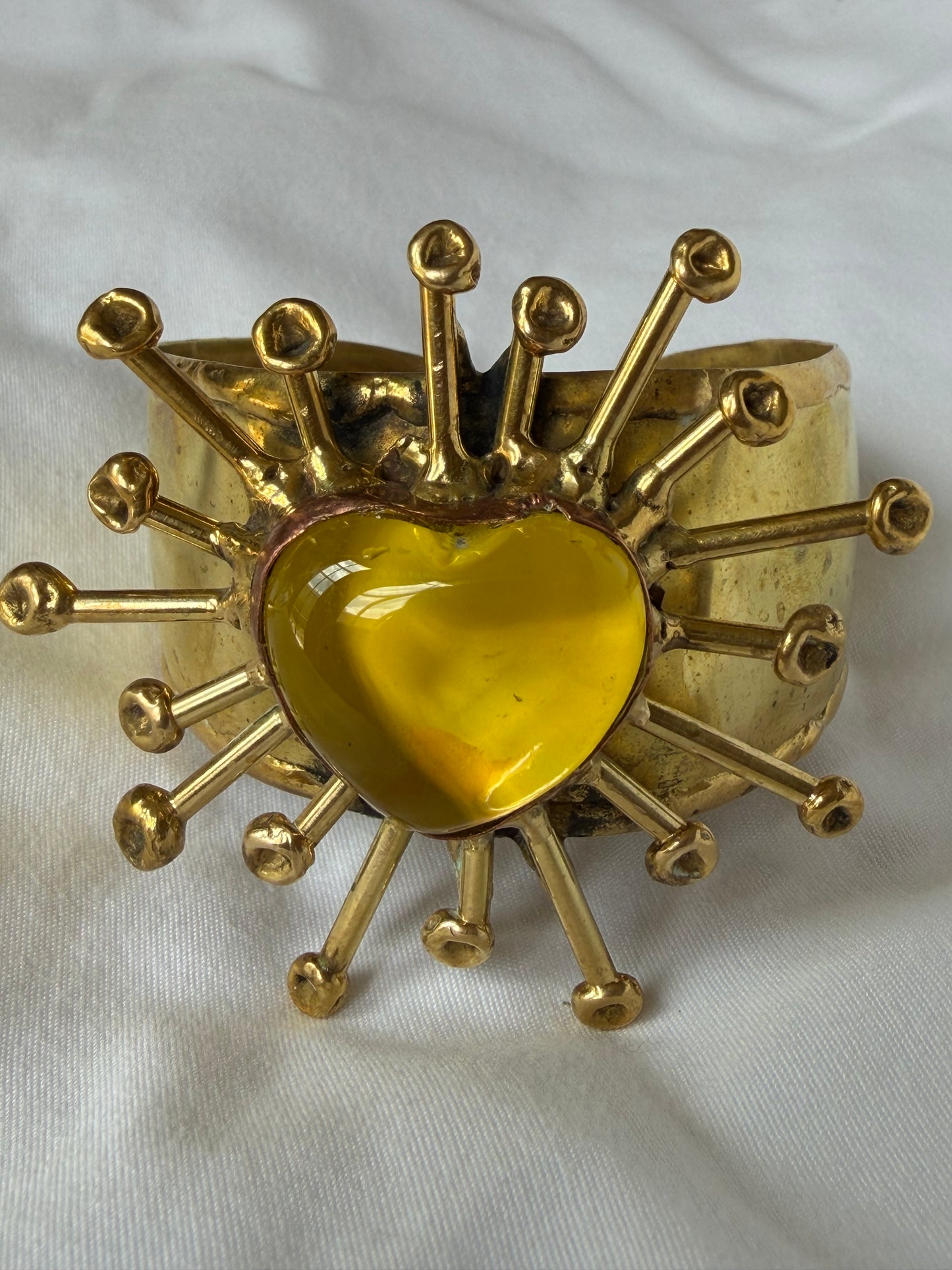 Sunburst Sacred Heart Cuff Bracelet Handmade- Yellow & Iridescent