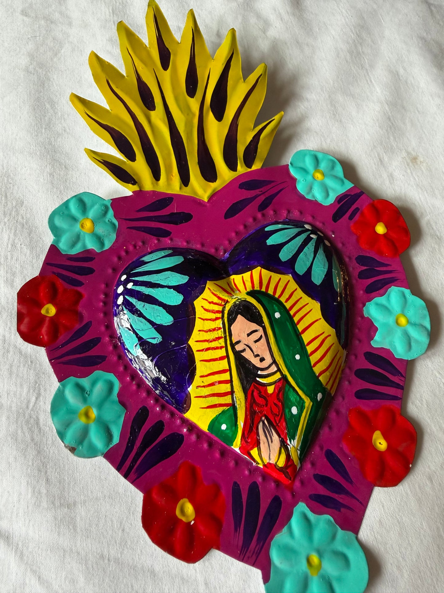Virgen de Guadalupe Heart - Hand-painted Metal