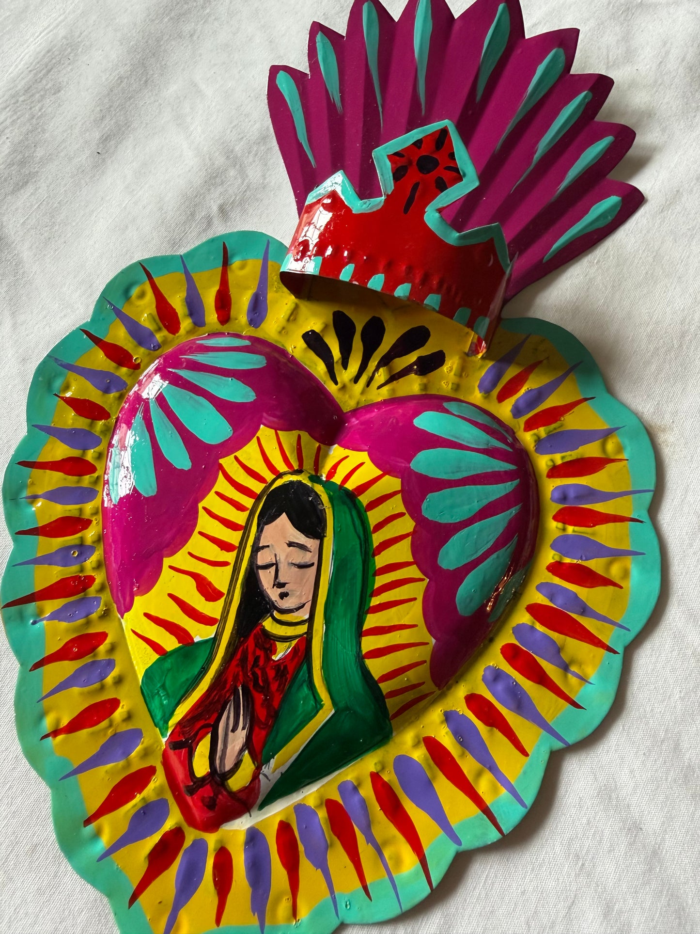 Virgen de Guadalupe Heart - Hand-painted Metal