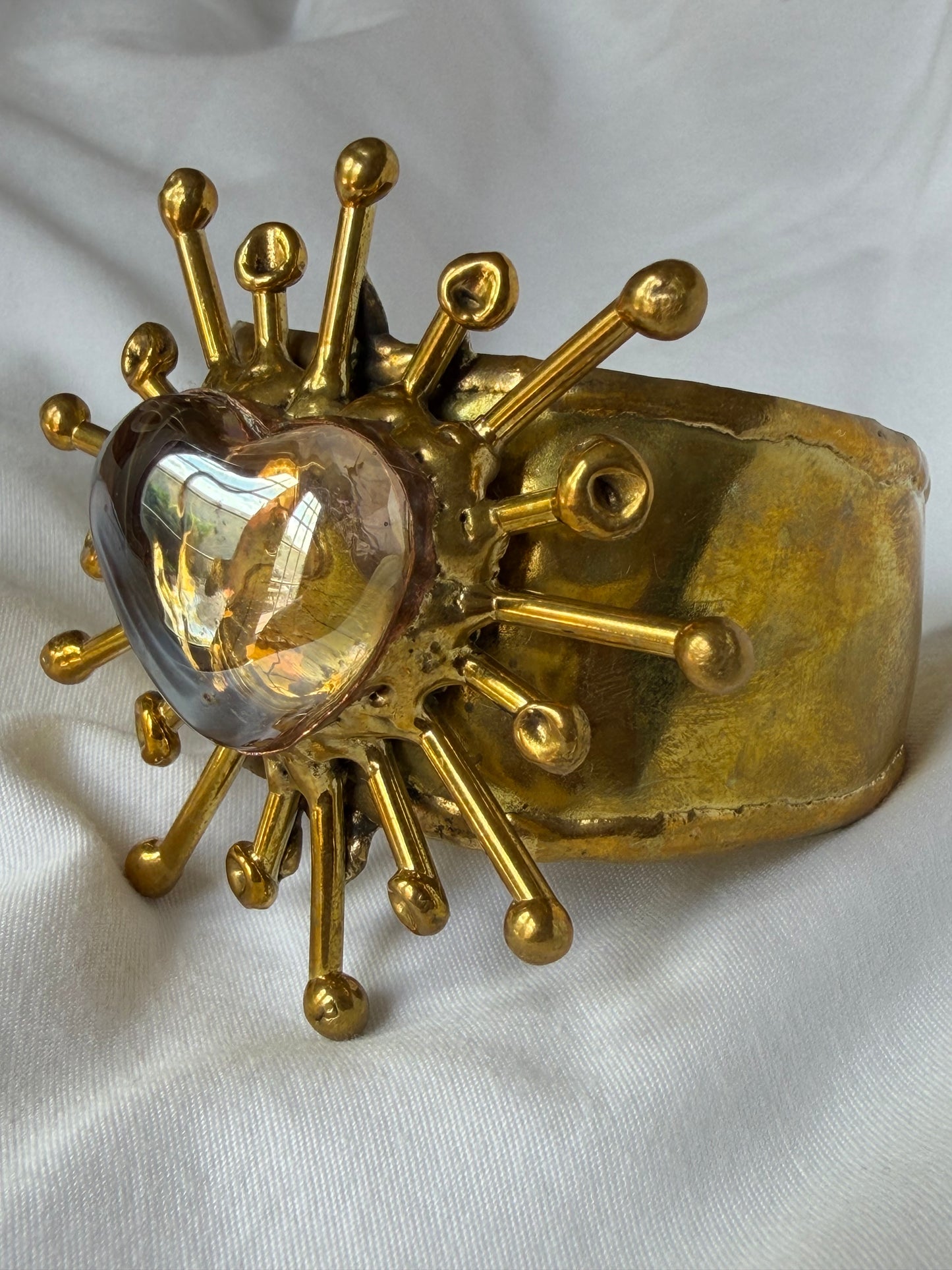 Sunburst Sacred Heart Cuff Bracelet Handmade- Yellow & Iridescent