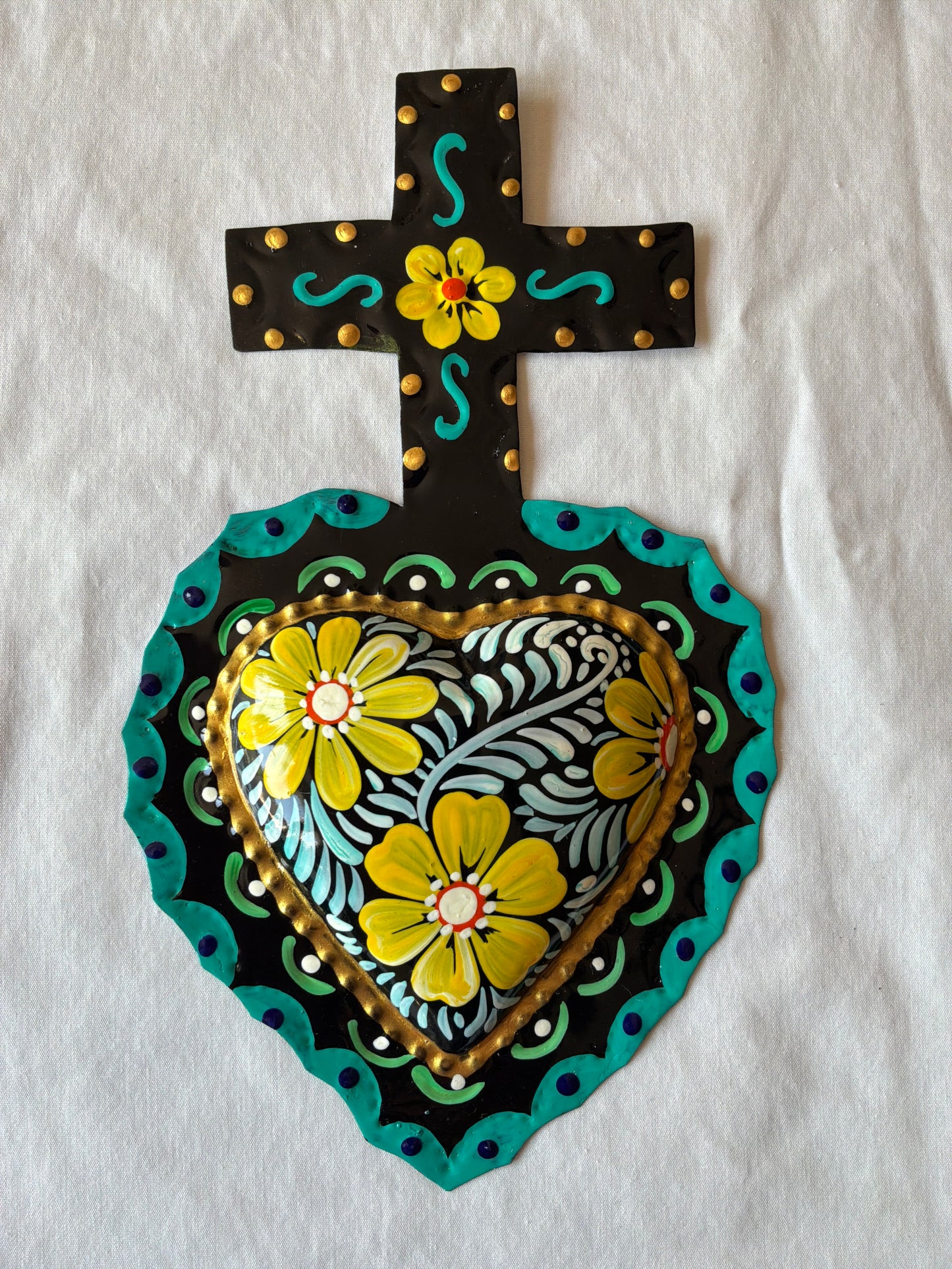 Black Otomi Inspired Handpainted Sacred Heart