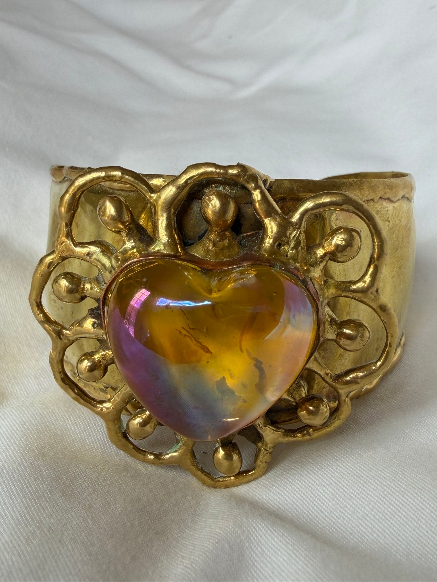 Sunburst Sacred Heart Cuff Bracelet Handmade- Yellow & Iridescent