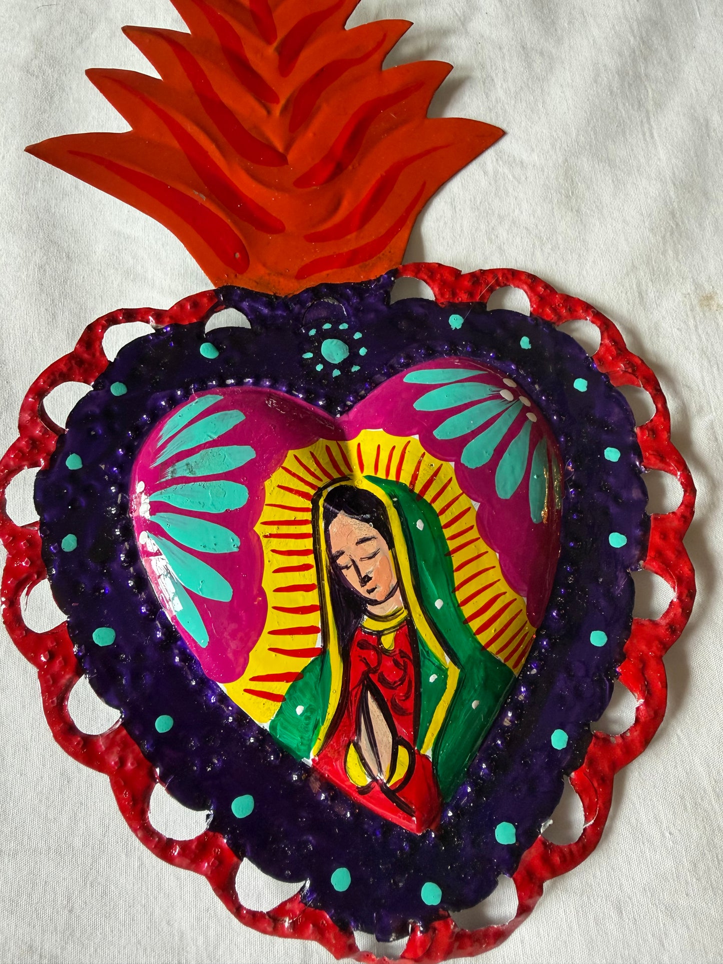 Virgen de Guadalupe Heart - Hand-painted Metal
