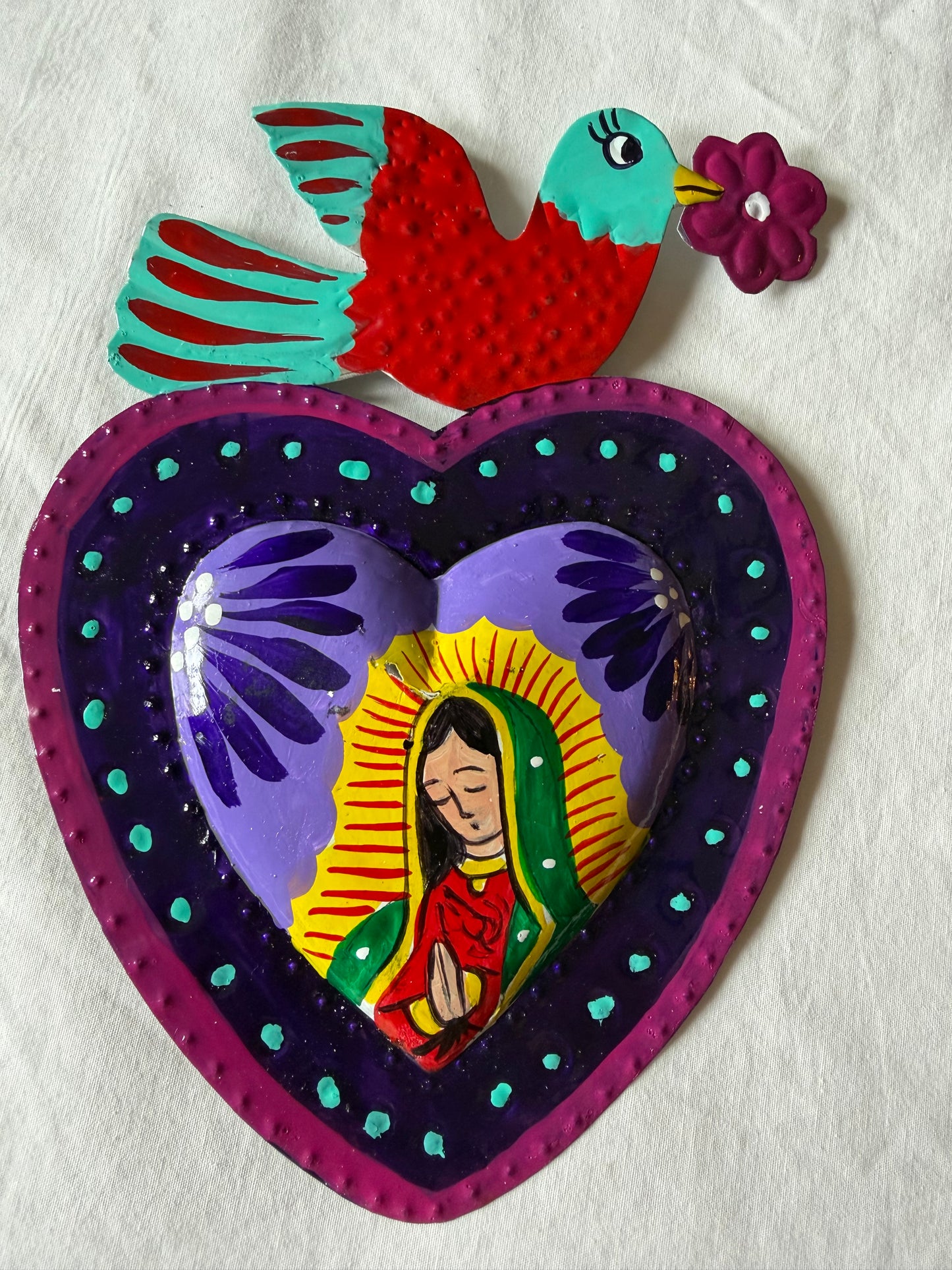 Virgen de Guadalupe Heart - Hand-painted Metal