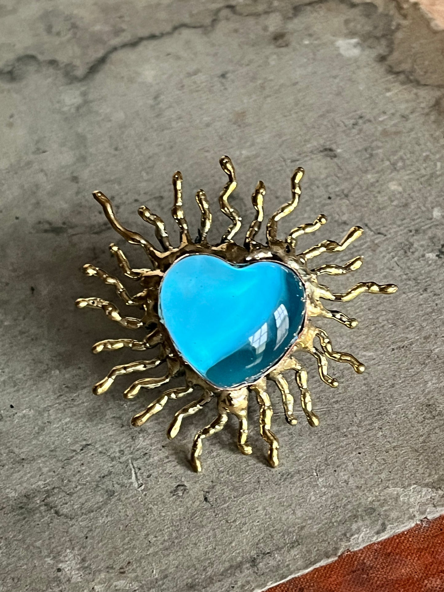 Sun Burst Sacred Glass Heart Ring & Alpaca Metal - Blue