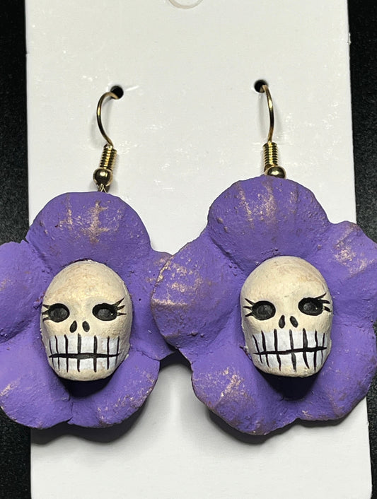 Calavera Purple Flower Earrings