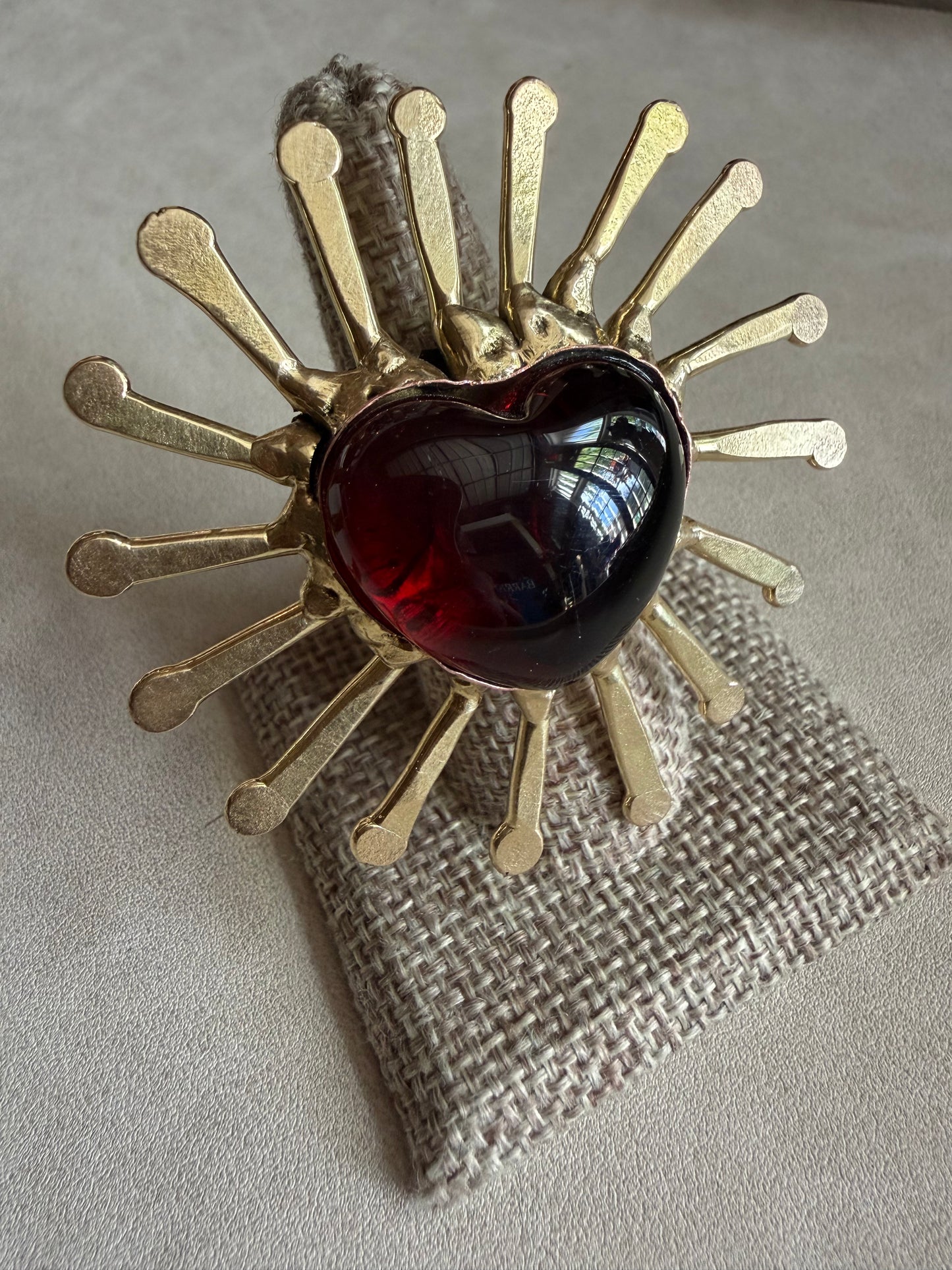 Sunburst - Sacred Heart Glass Ring - Deep Red