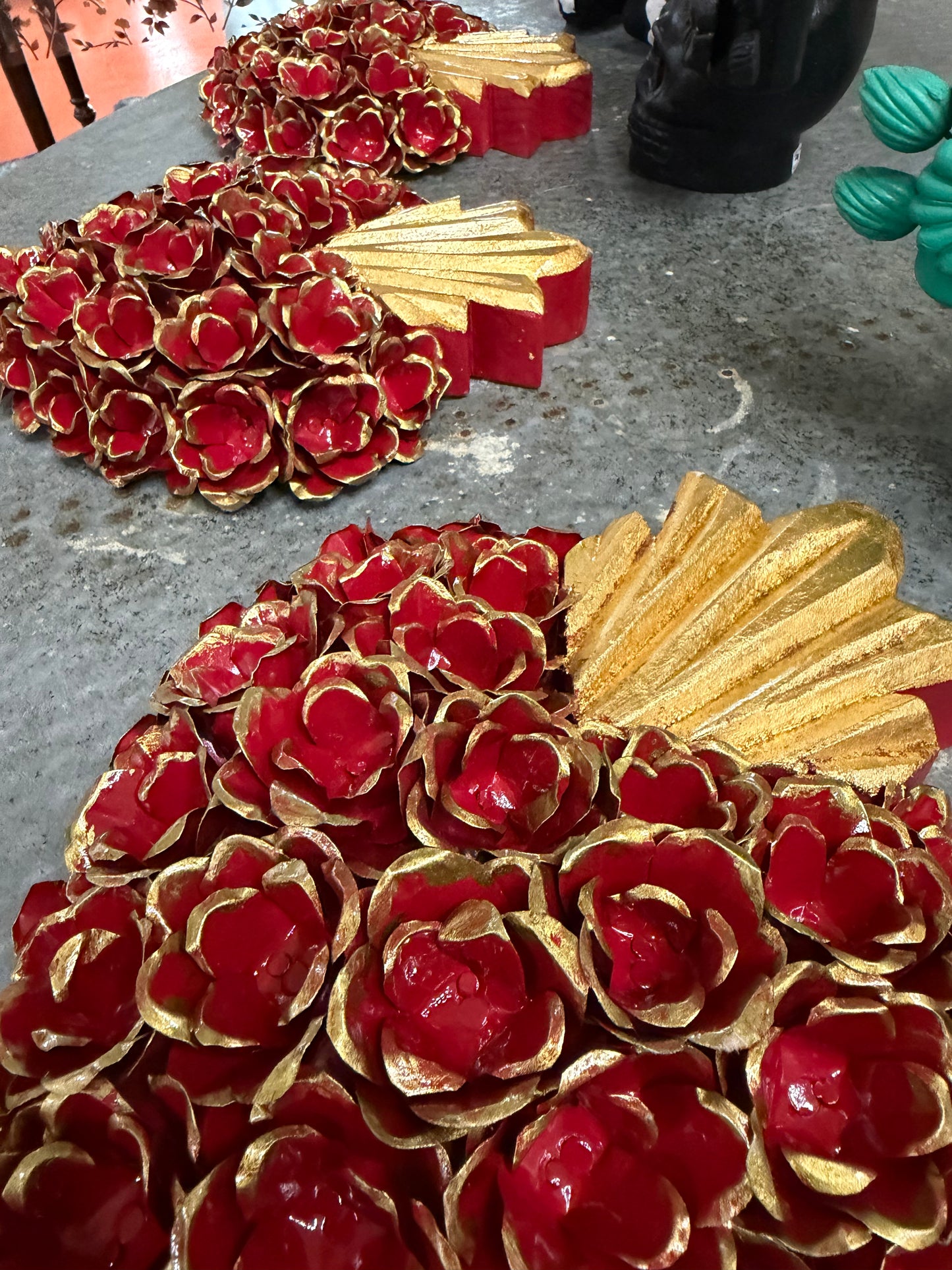 Red Metal & Wood Rose Heart