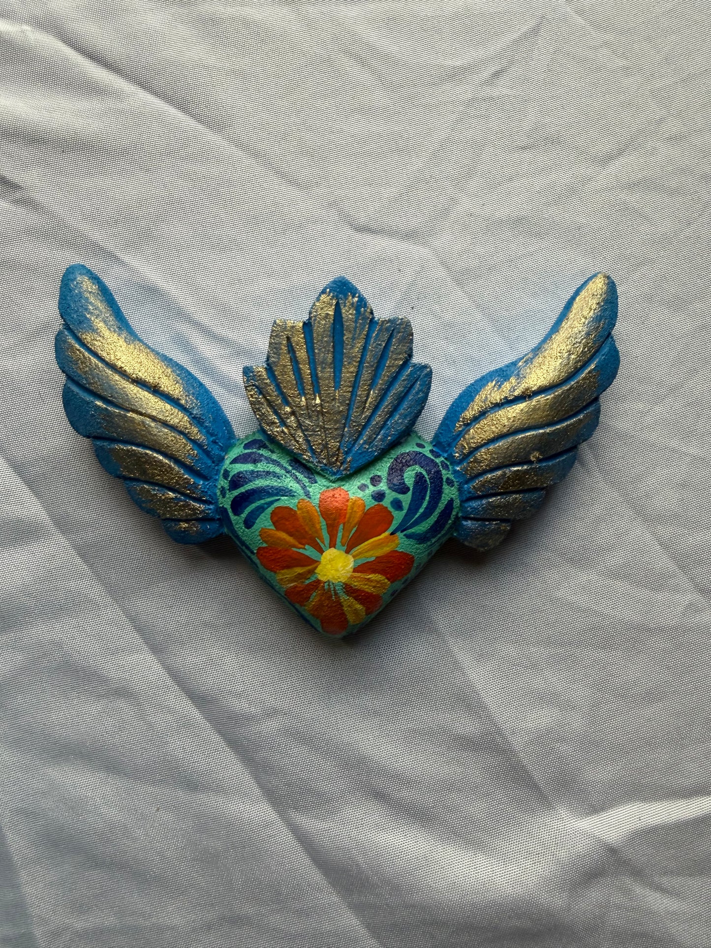 Hand carved Colorful Sacred Heart with Wings Otomi Inspired