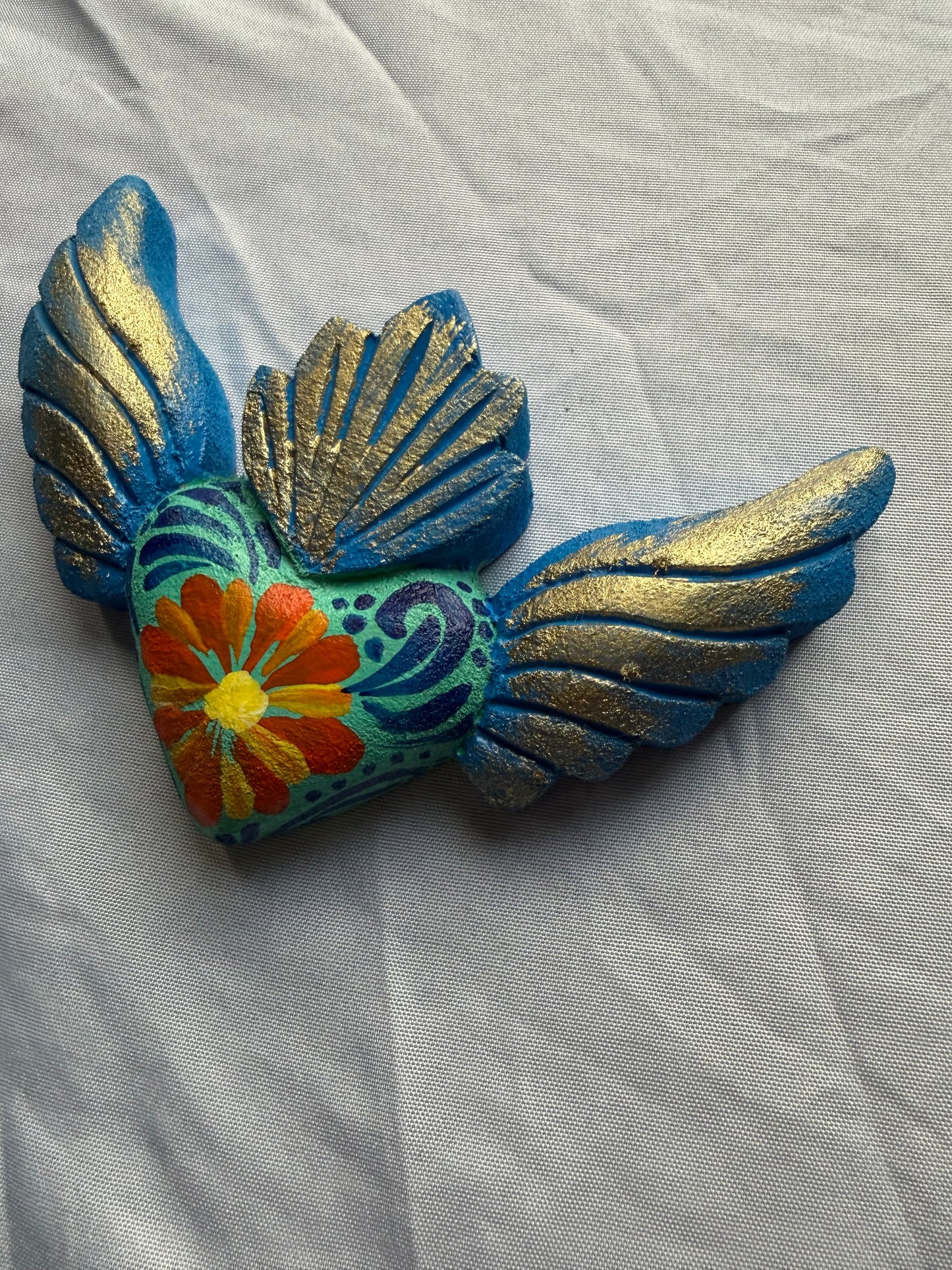 Hand carved Colorful Sacred Heart with Wings Otomi Inspired