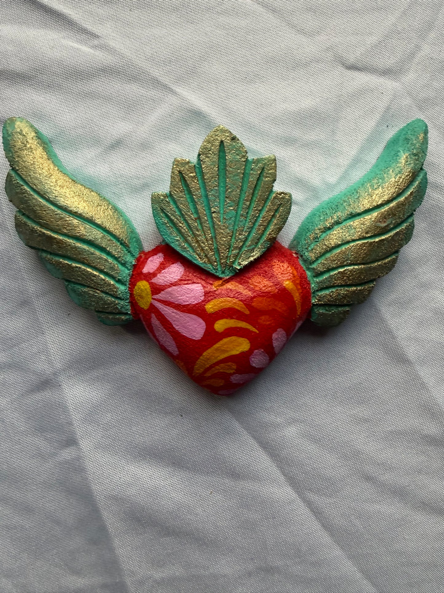 Hand carved Colorful Sacred Heart with Wings Otomi Inspired