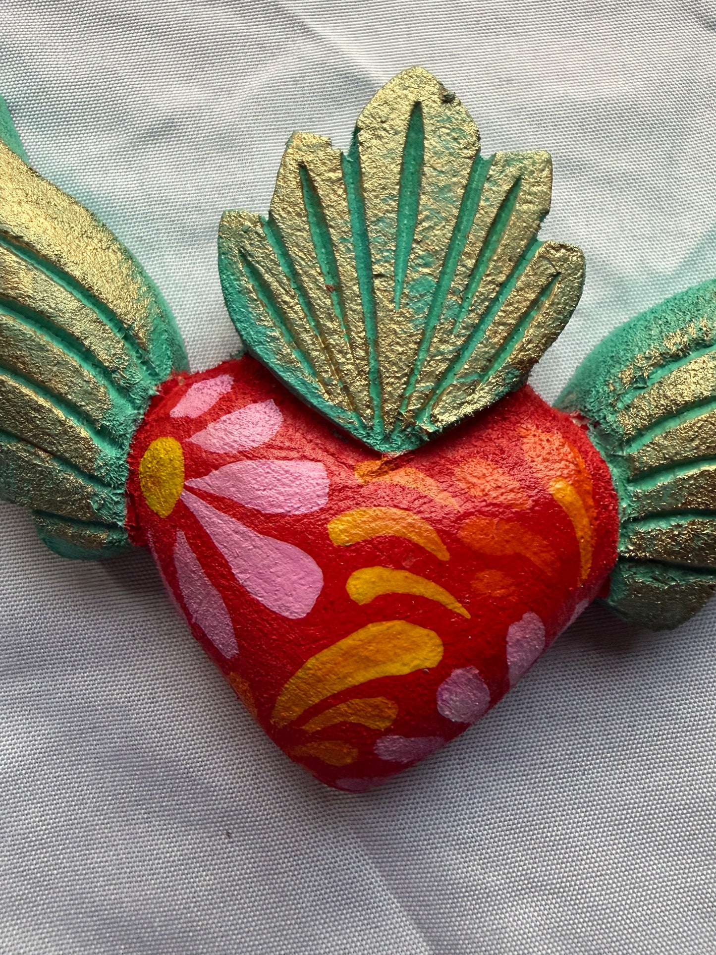 Hand carved Colorful Sacred Heart with Wings Otomi Inspired