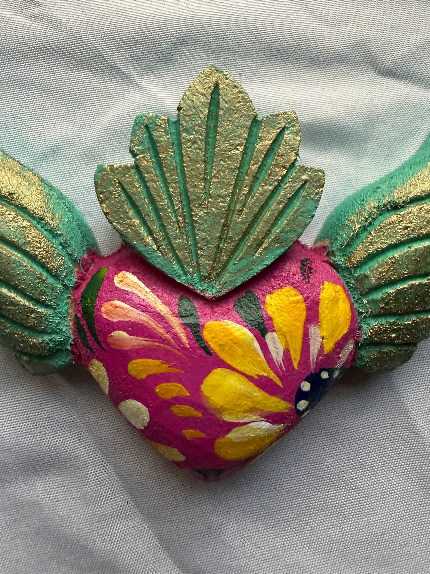 Hand carved Colorful Sacred Heart with Wings Otomi Inspired