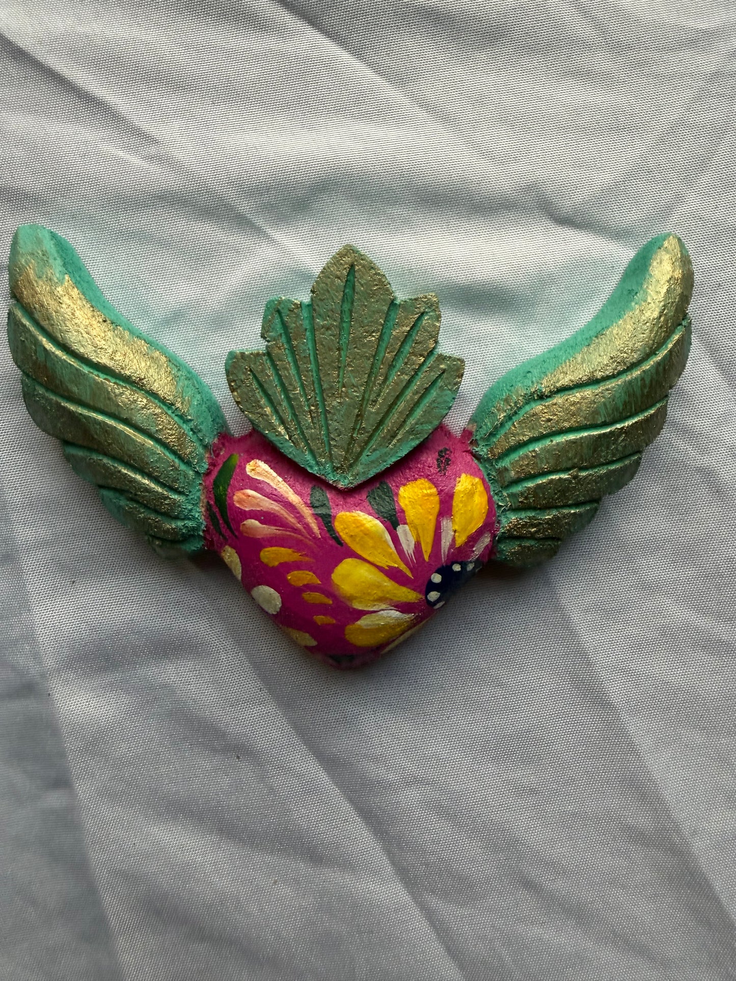 Hand carved Colorful Sacred Heart with Wings Otomi Inspired