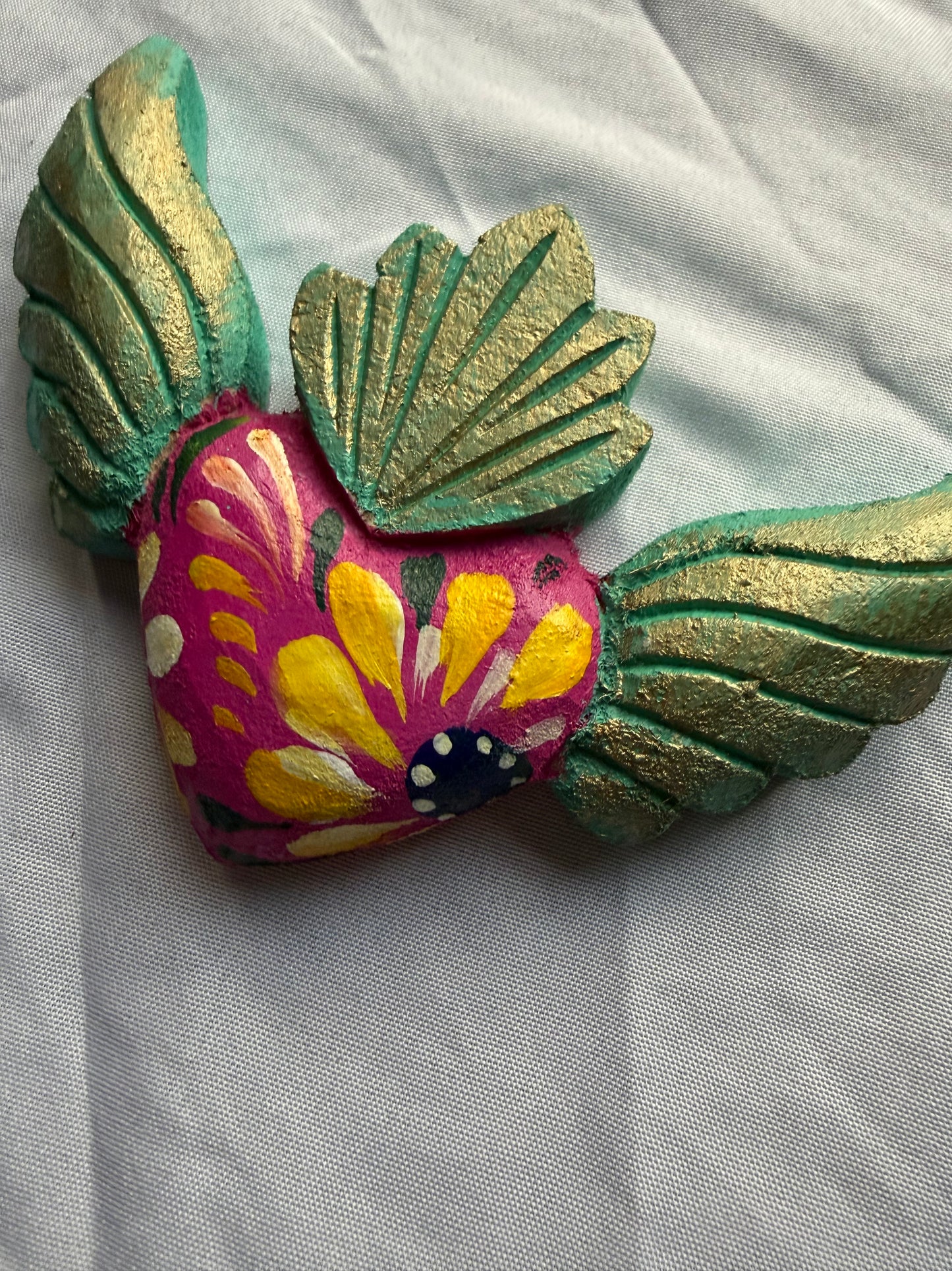 Hand carved Colorful Sacred Heart with Wings Otomi Inspired