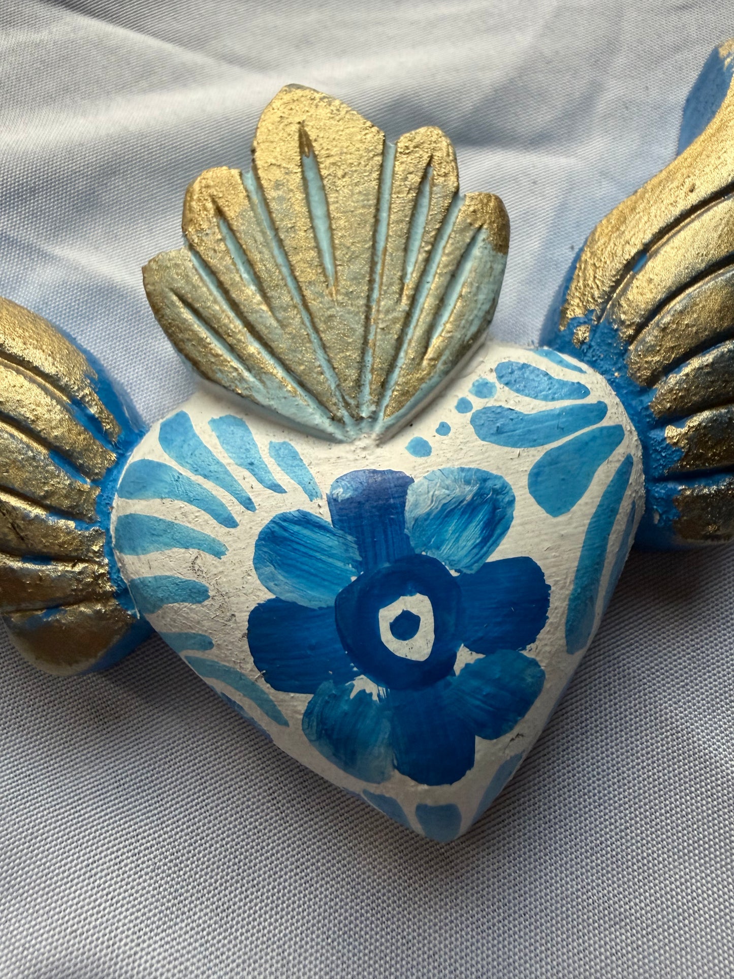 Hand carved Colorful Sacred Heart with Wings Otomi Inspired