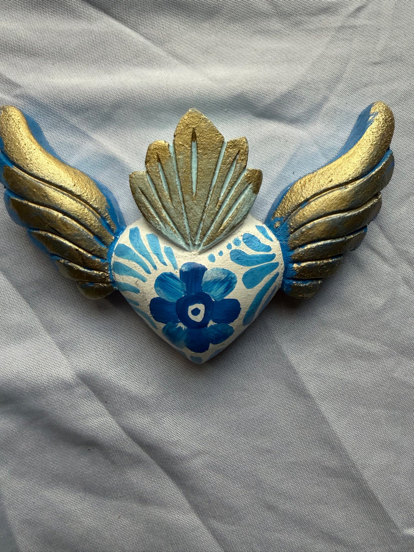 Hand carved Colorful Sacred Heart with Wings Otomi Inspired