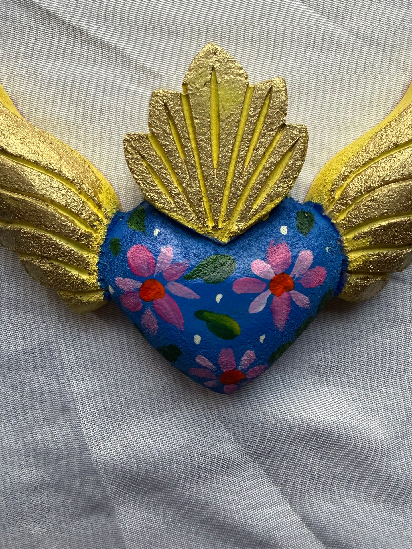 Hand carved Colorful Sacred Heart with Wings Otomi Inspired