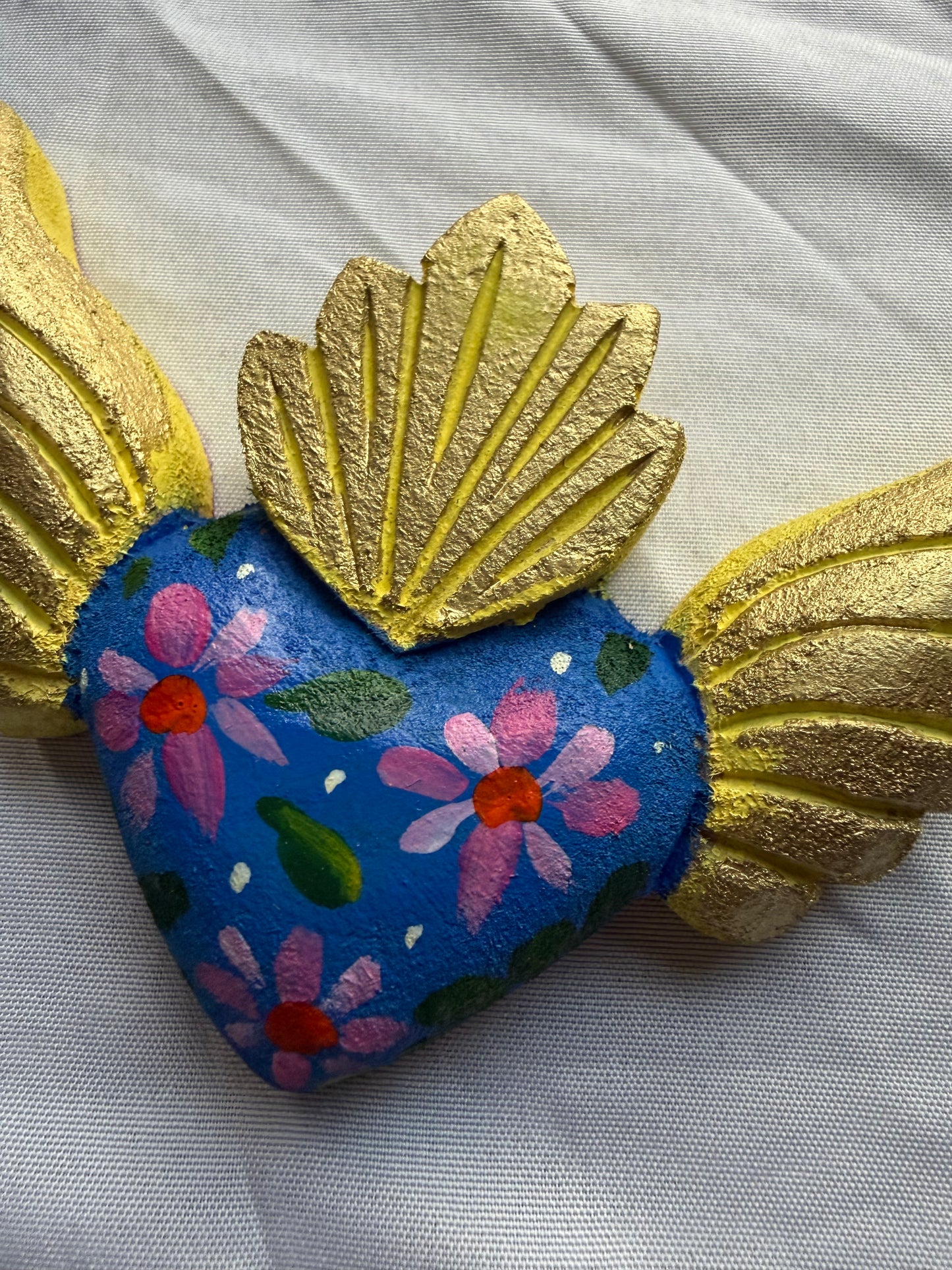 Hand carved Colorful Sacred Heart with Wings Otomi Inspired