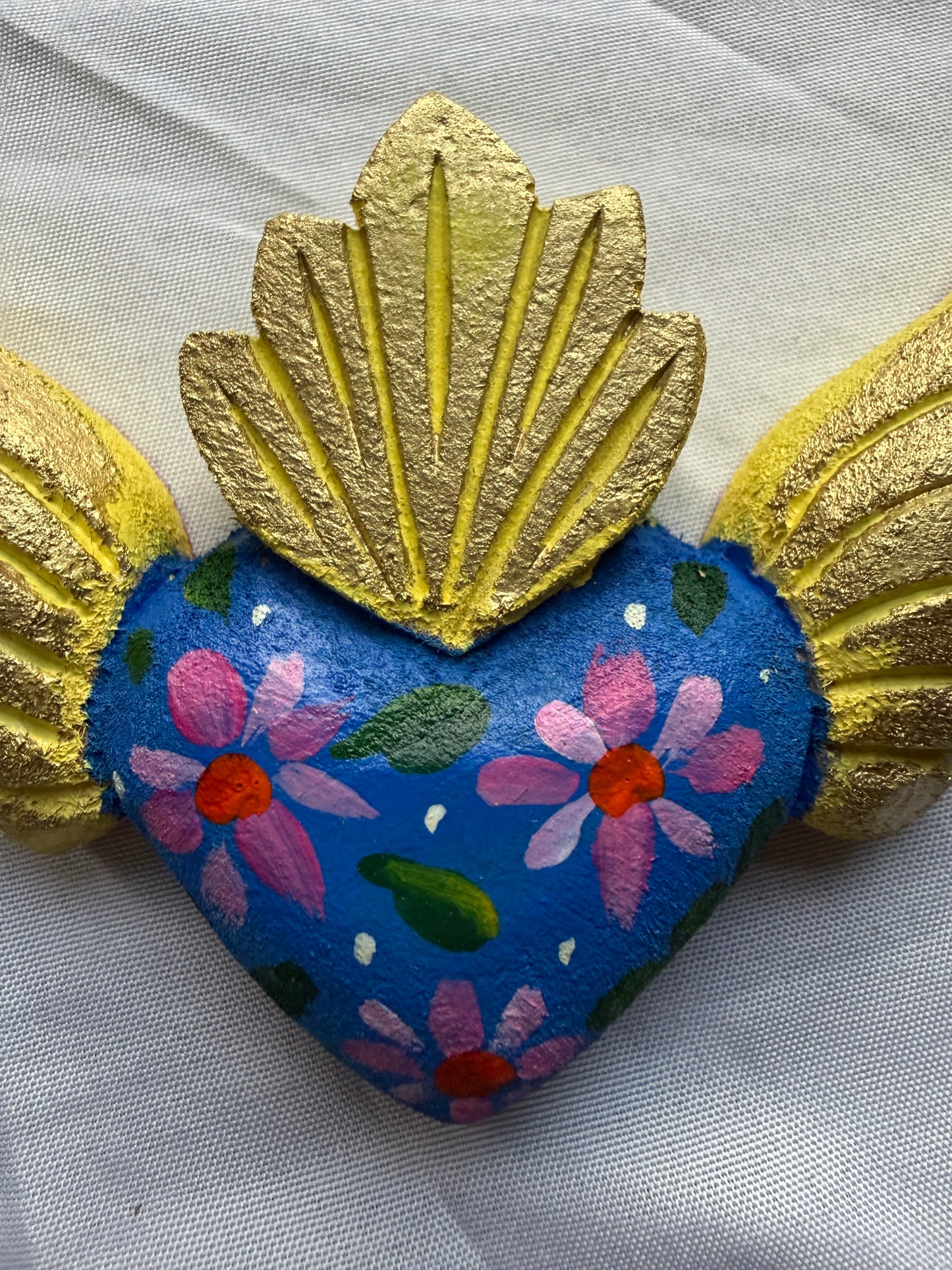 Hand carved Colorful Sacred Heart with Wings Otomi Inspired