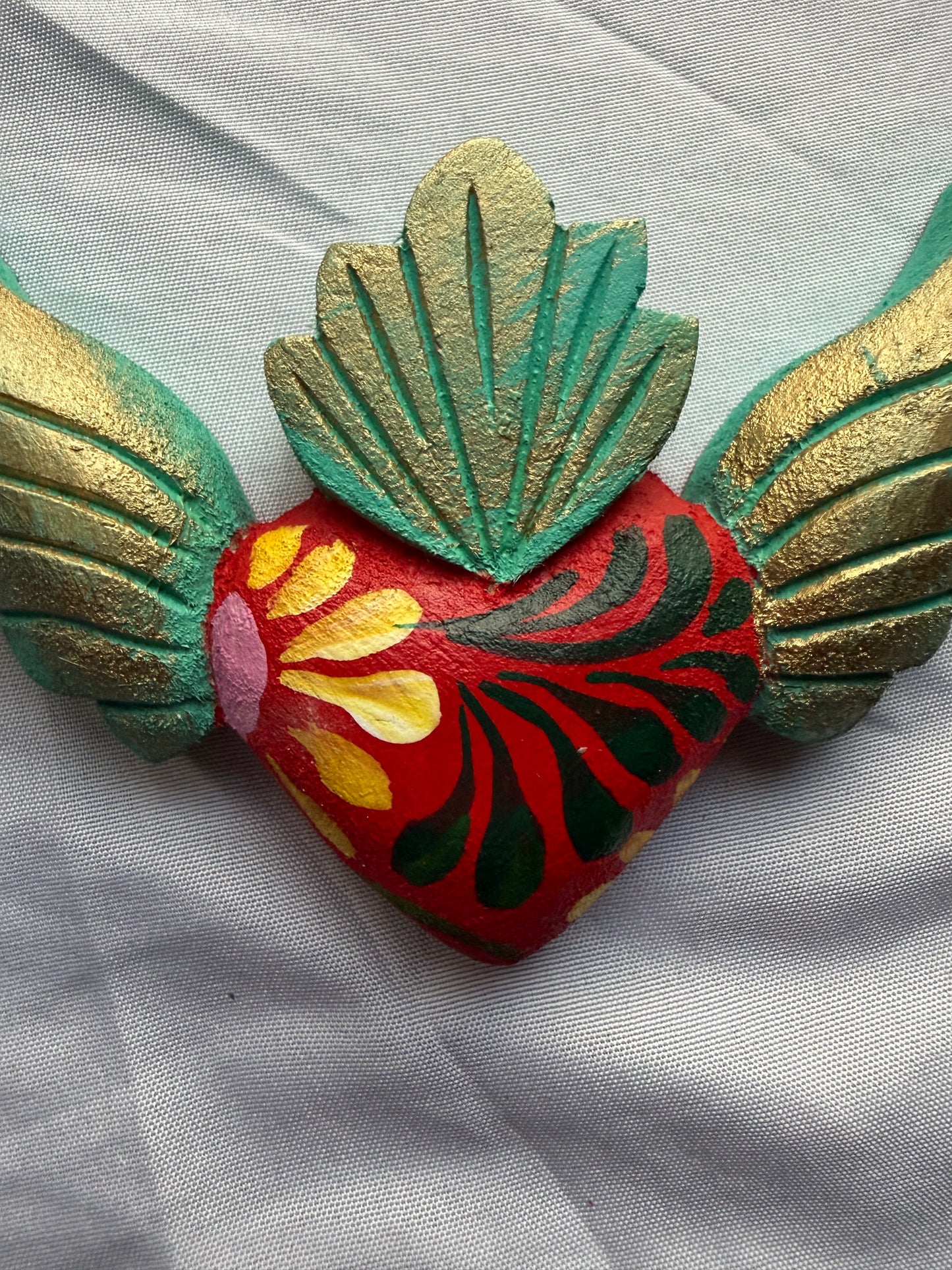 Hand carved Colorful Sacred Heart with Wings Otomi Inspired