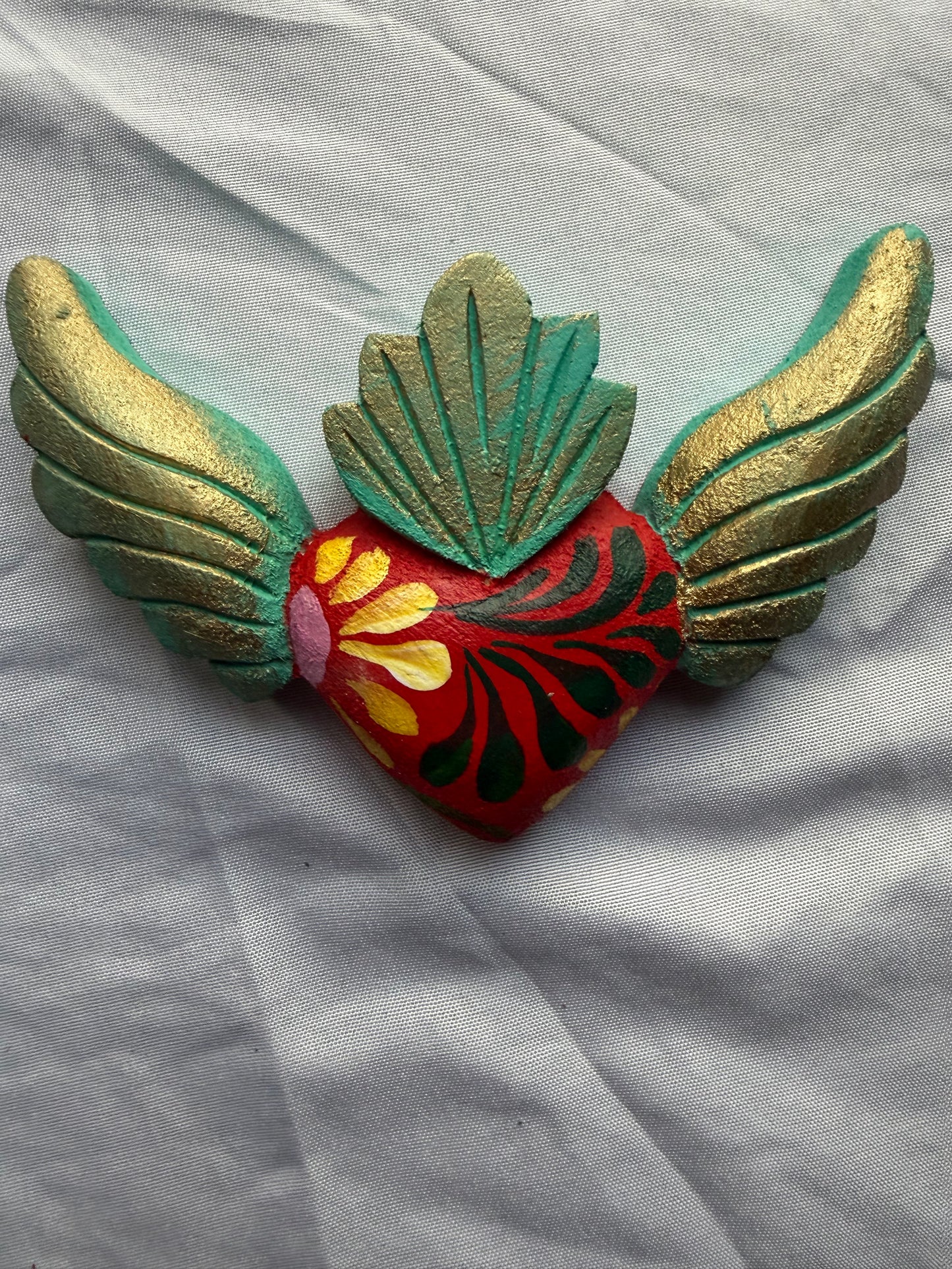 Hand carved Colorful Sacred Heart with Wings Otomi Inspired