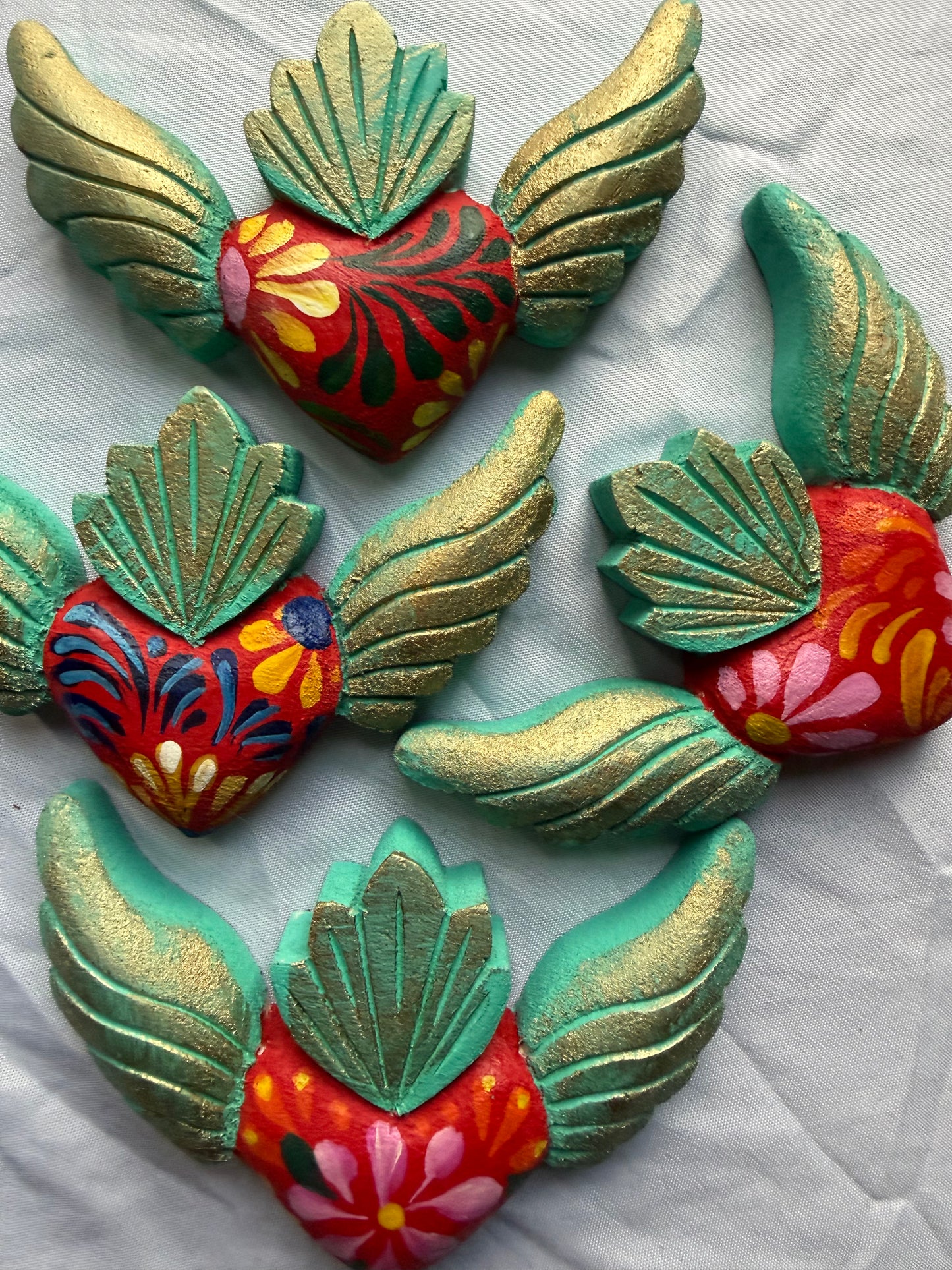 Hand carved Colorful Sacred Heart with Wings Otomi Inspired