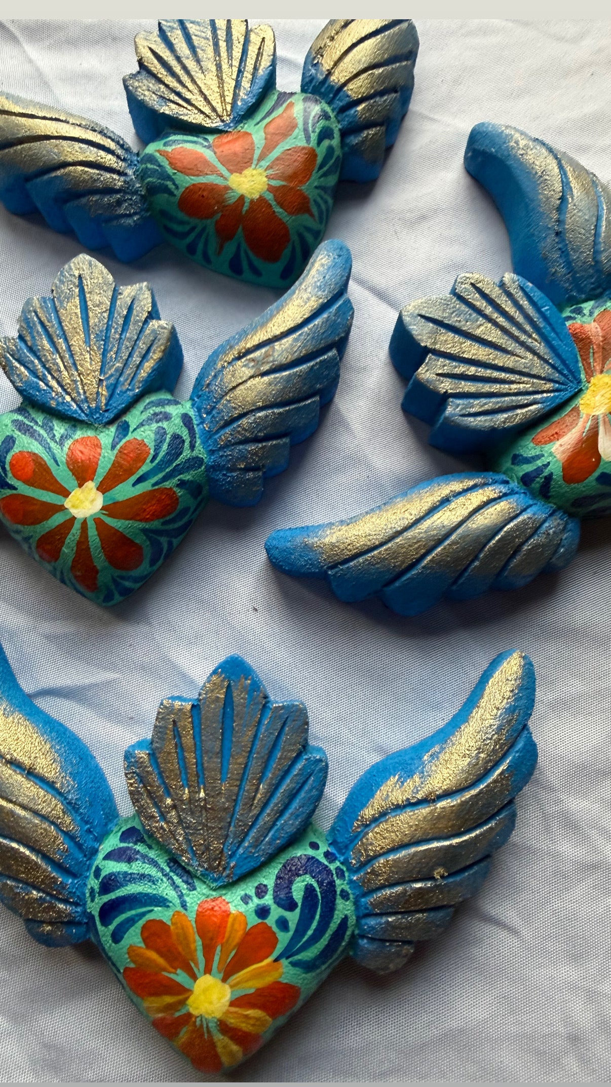 Hand carved Colorful Sacred Heart with Wings Otomi Inspired