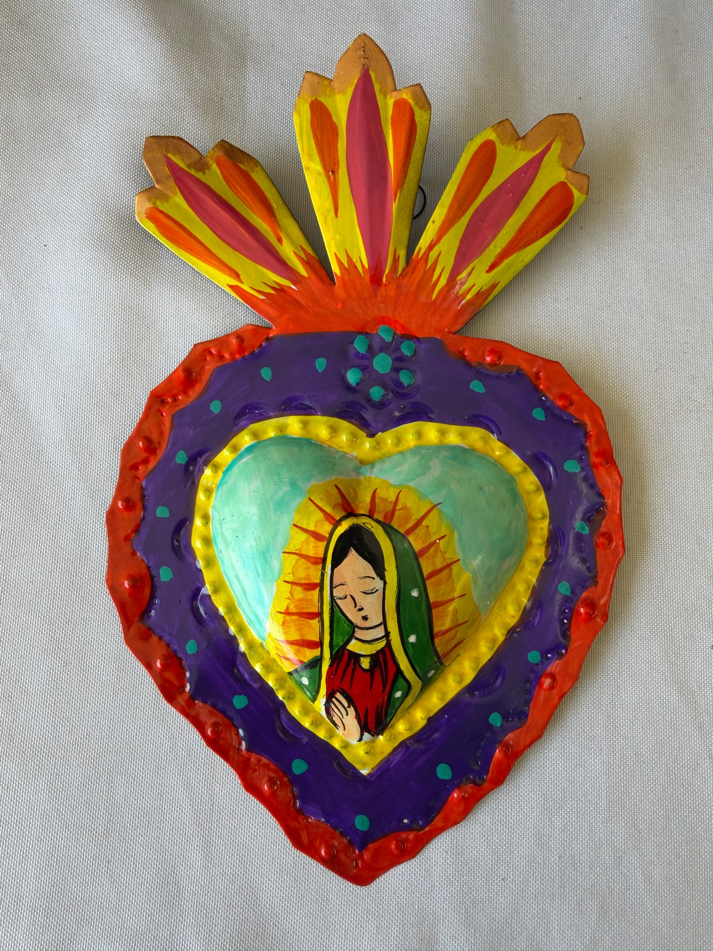 Virgen de Guadalupe Heart - Hand-painted Metal