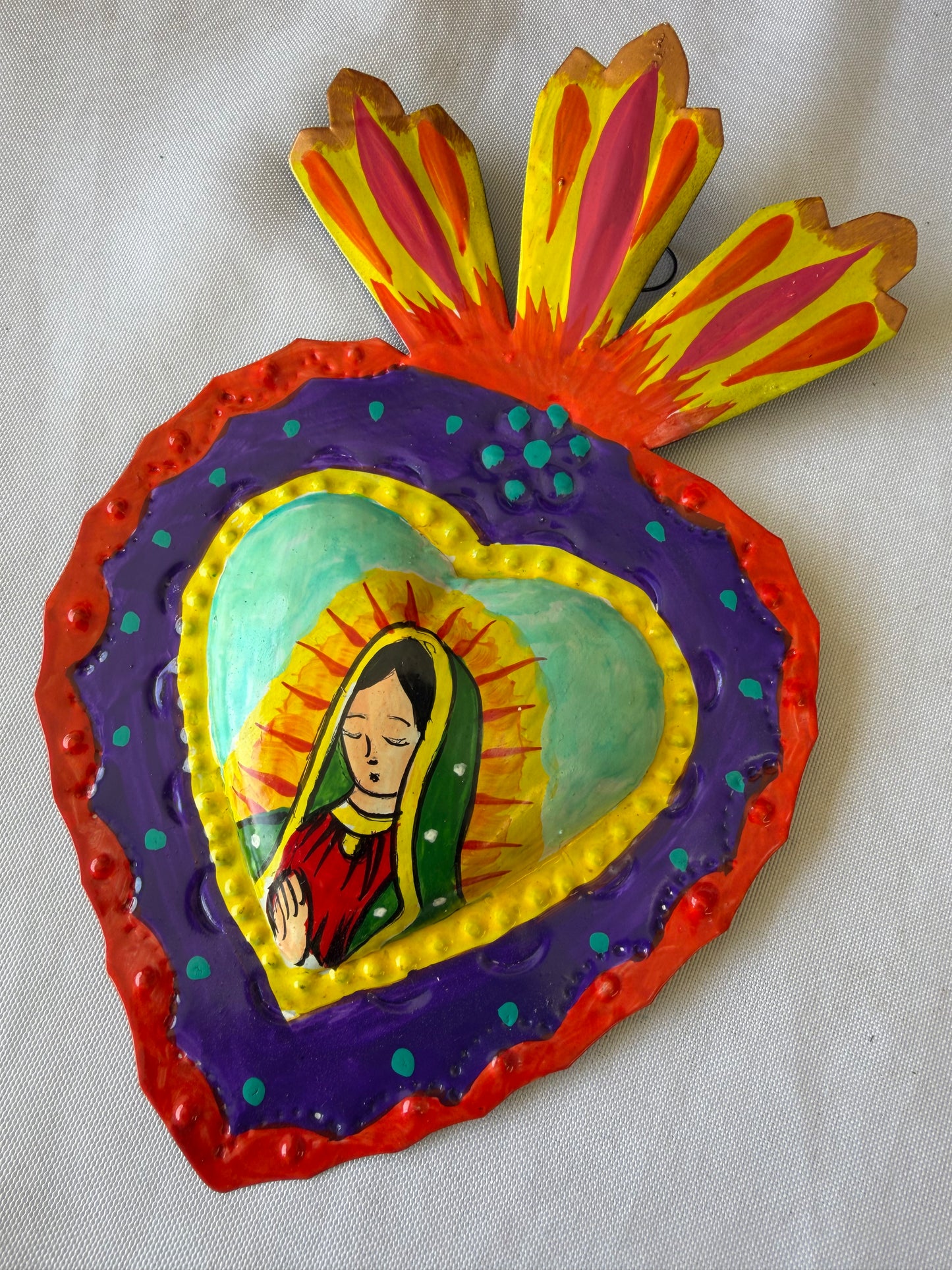 Virgen de Guadalupe Heart - Hand-painted Metal