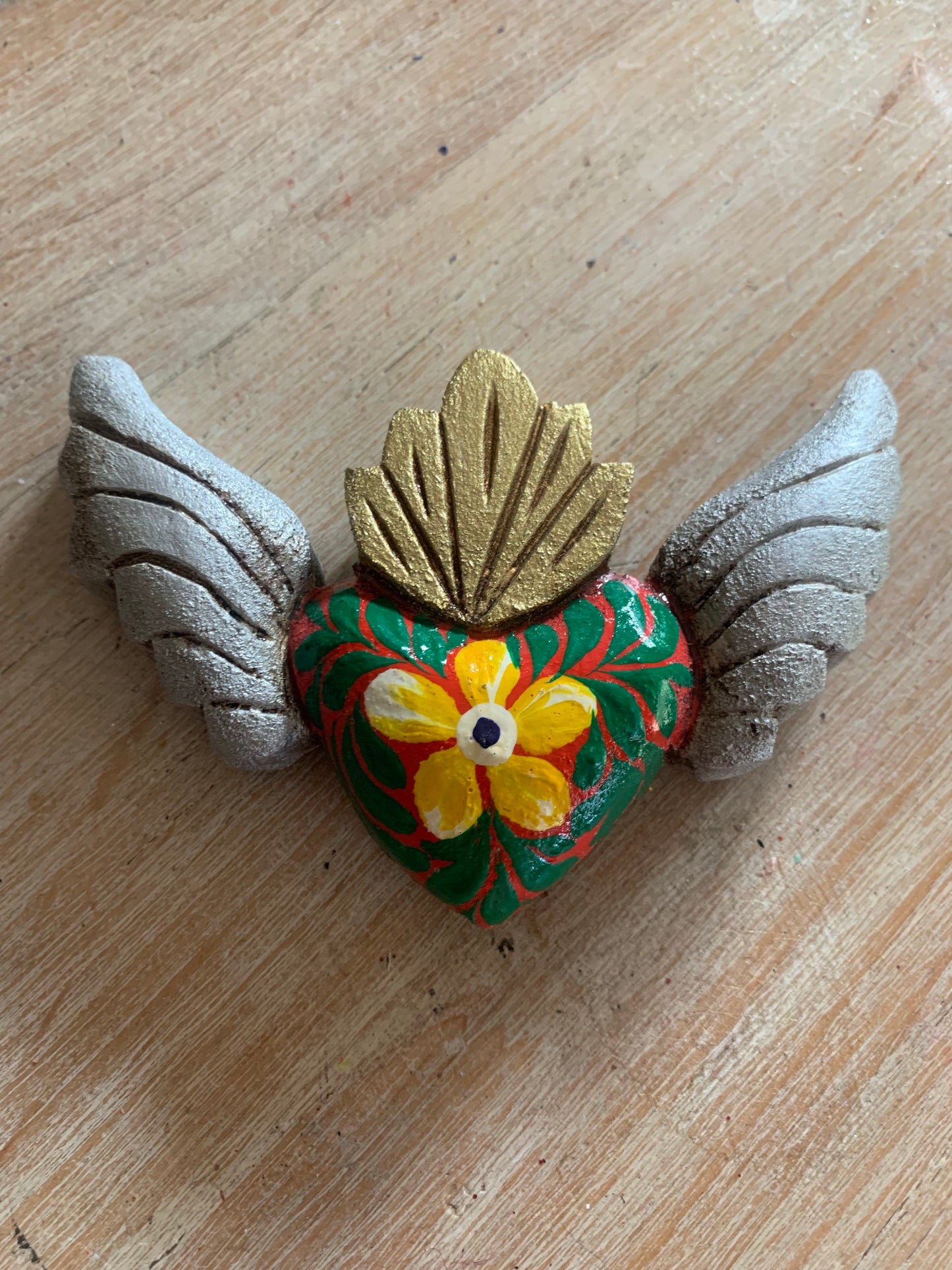 Hand carved Colorful Sacred Heart with Wings Otomi Inspired