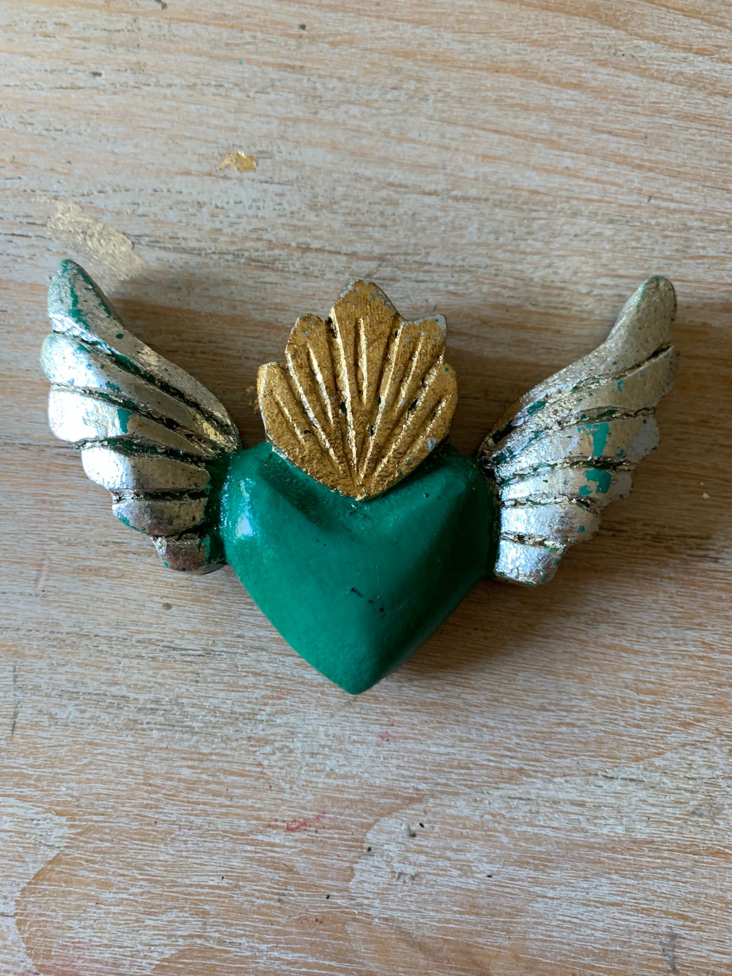 Hand carved Colorful Sacred Heart with Wings Otomi Inspired